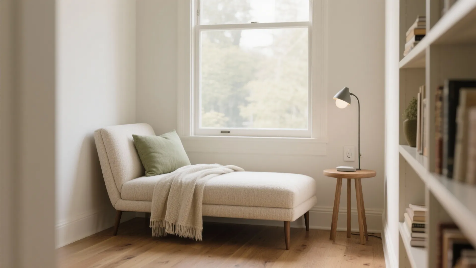 Beige lounge sofa with green pillow and white blanket next to wooden side table window
