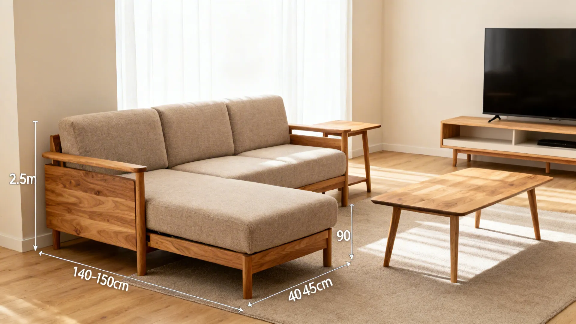 Right-sized L-shaped sofa with a compact chaise and clear pathways.