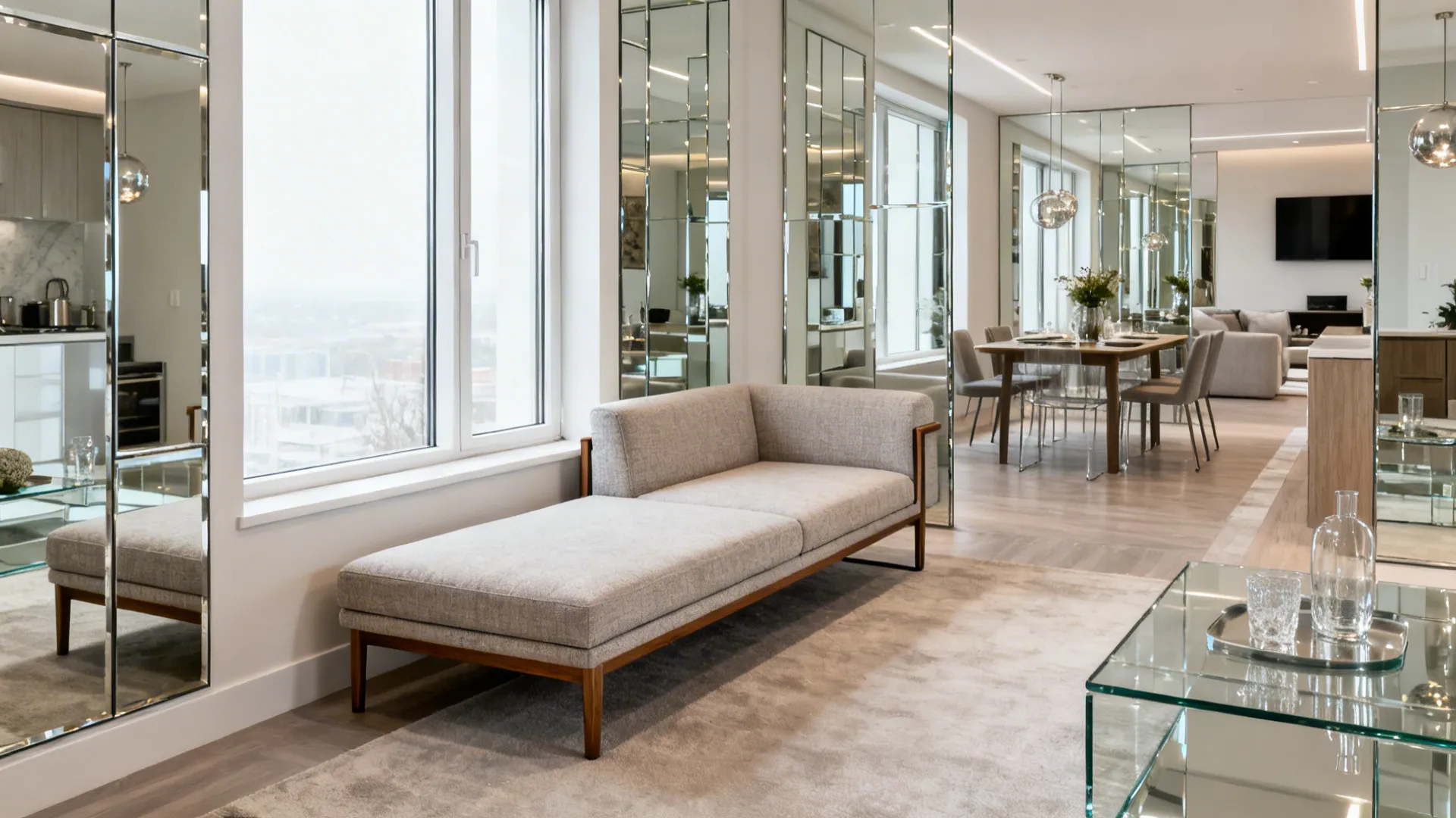 Compact reversible chaise sectional zoning a small living-dining area with clear walkways.