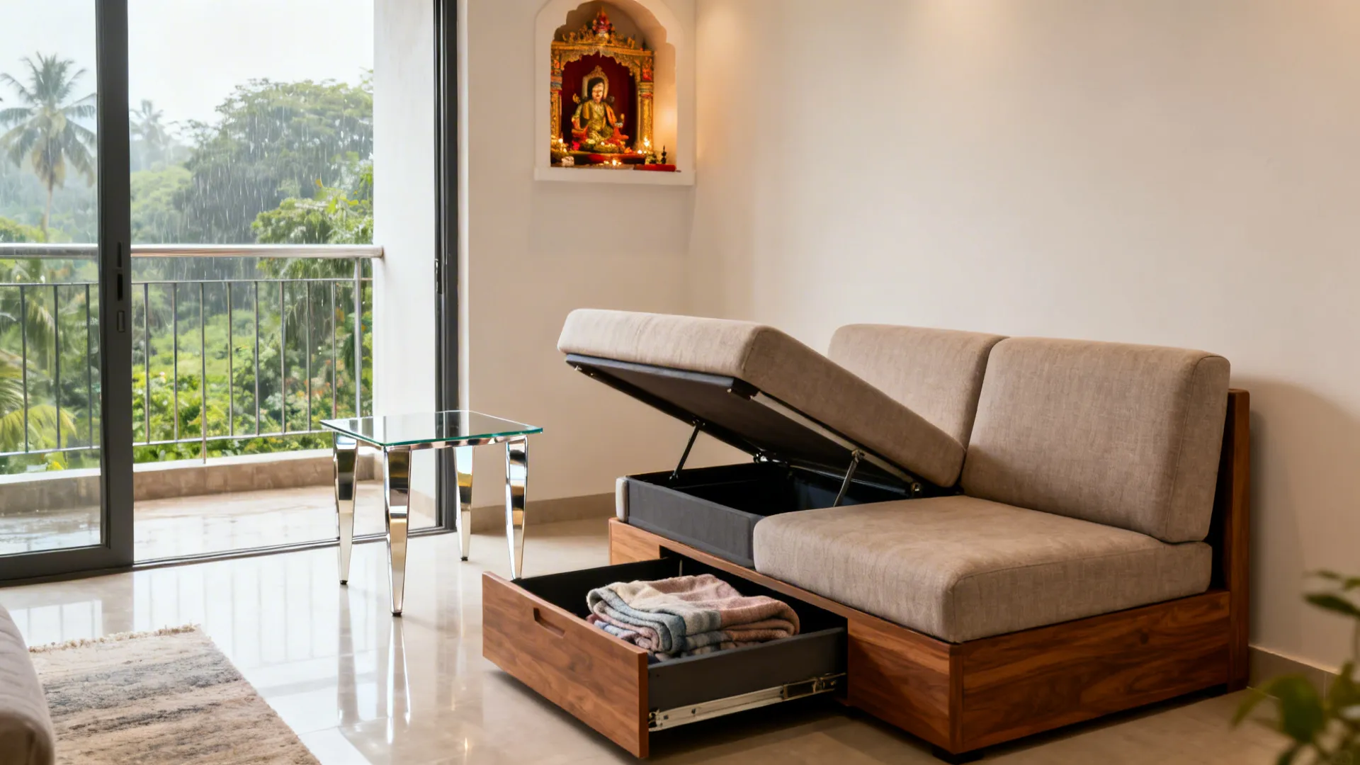 Compact reversible chaise sofa with lift-up storage in a small Indian living room near a balcony door.