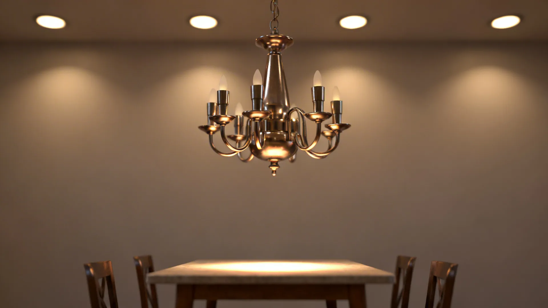 Close-up of a compact chandelier above a small dining table with warm ambient lighting