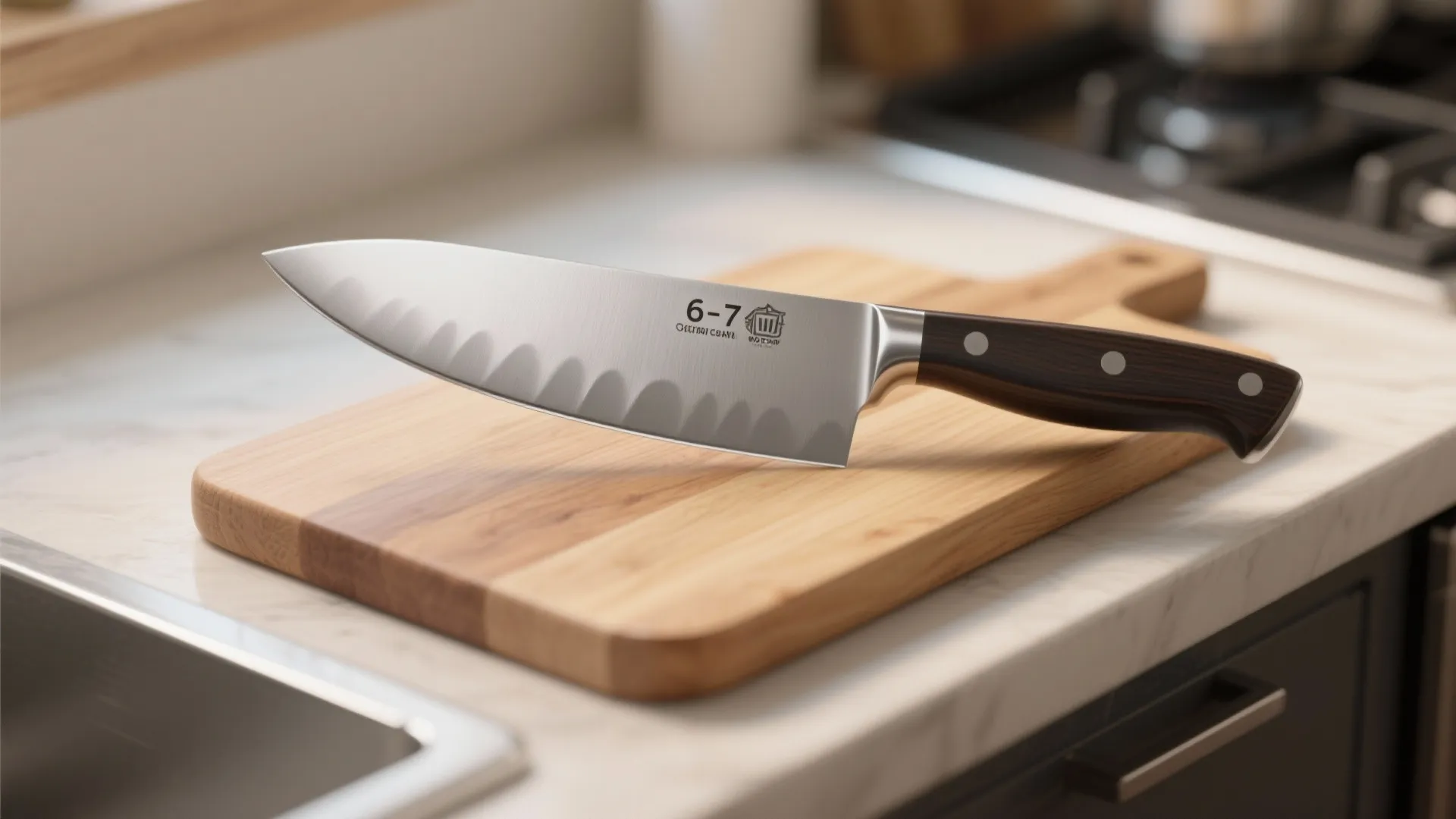 Close-up of a 6–7 inch chef's knife on a small wooden cutting board in a tight kitchen space