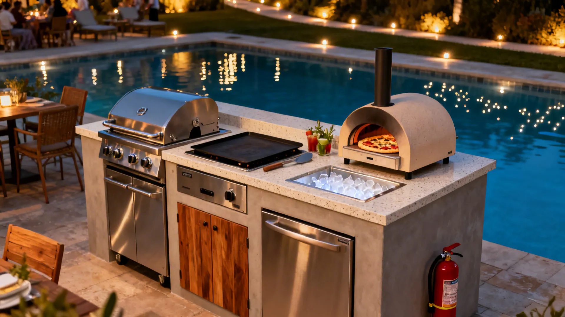 Compact outdoor kitchen at night featuring a stainless steel grill and a stone pizza oven