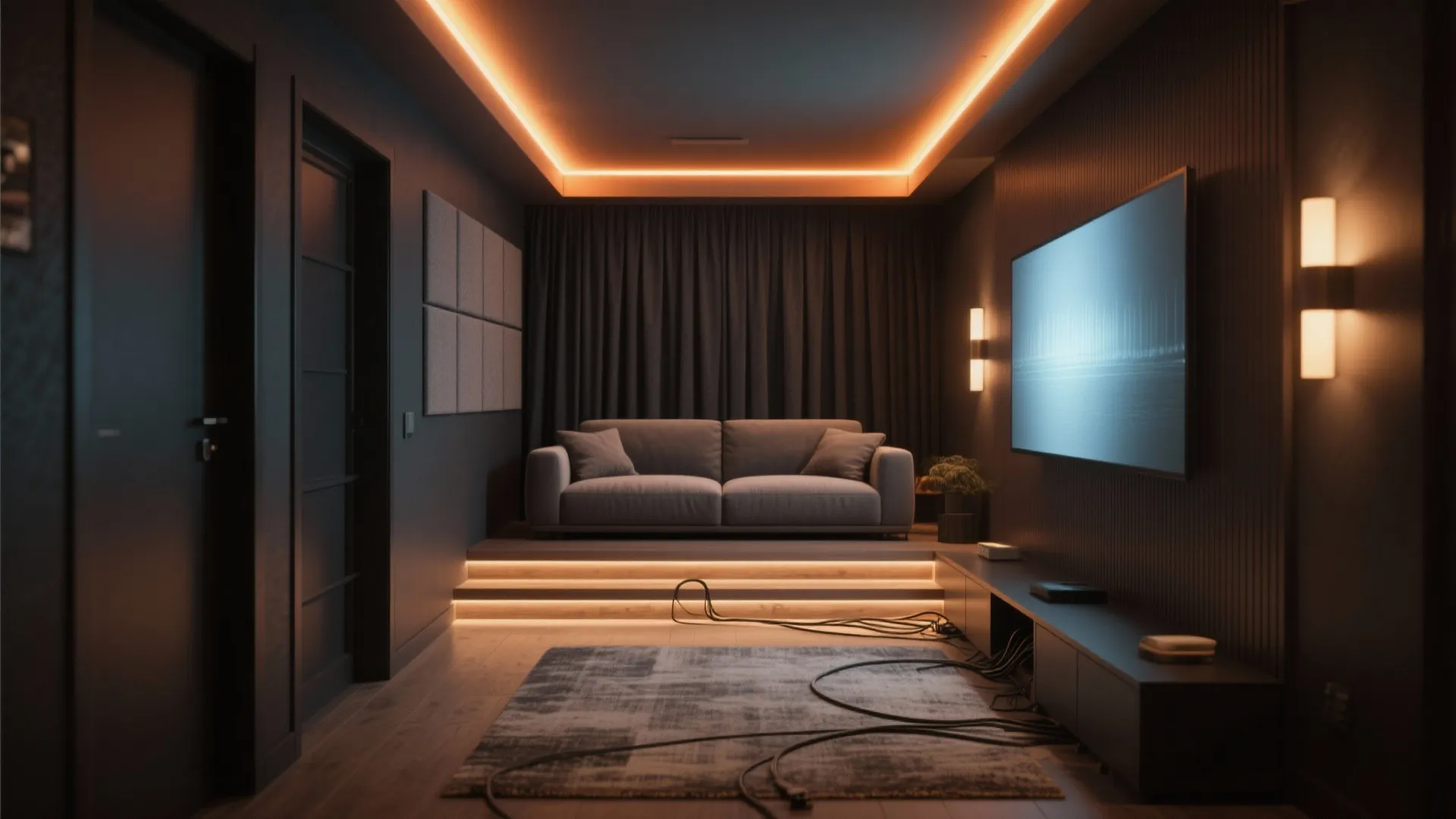 Modern dark home cinema room with grey sofa big television screen orange light and rug