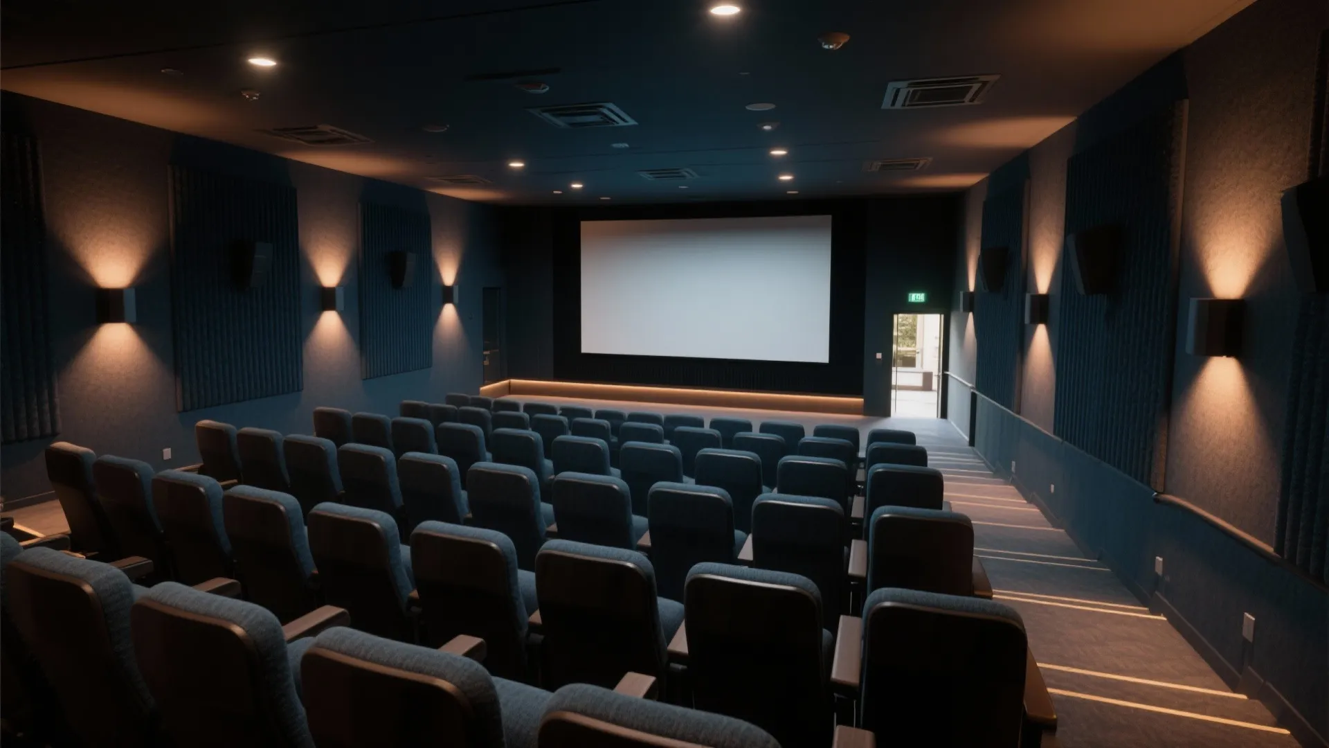 Modern home cinema room with dark blue seats white screen wall lights and ceiling lights
