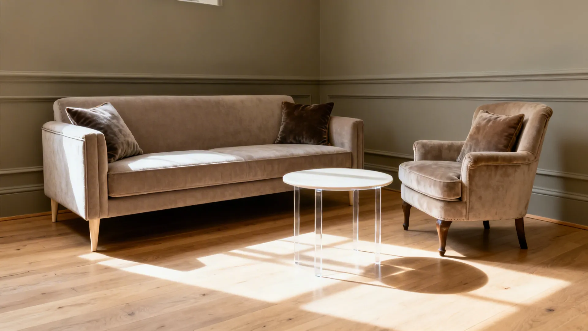 Tight-back sofa and petite bergère chair create a classic conversation setup in a small space.