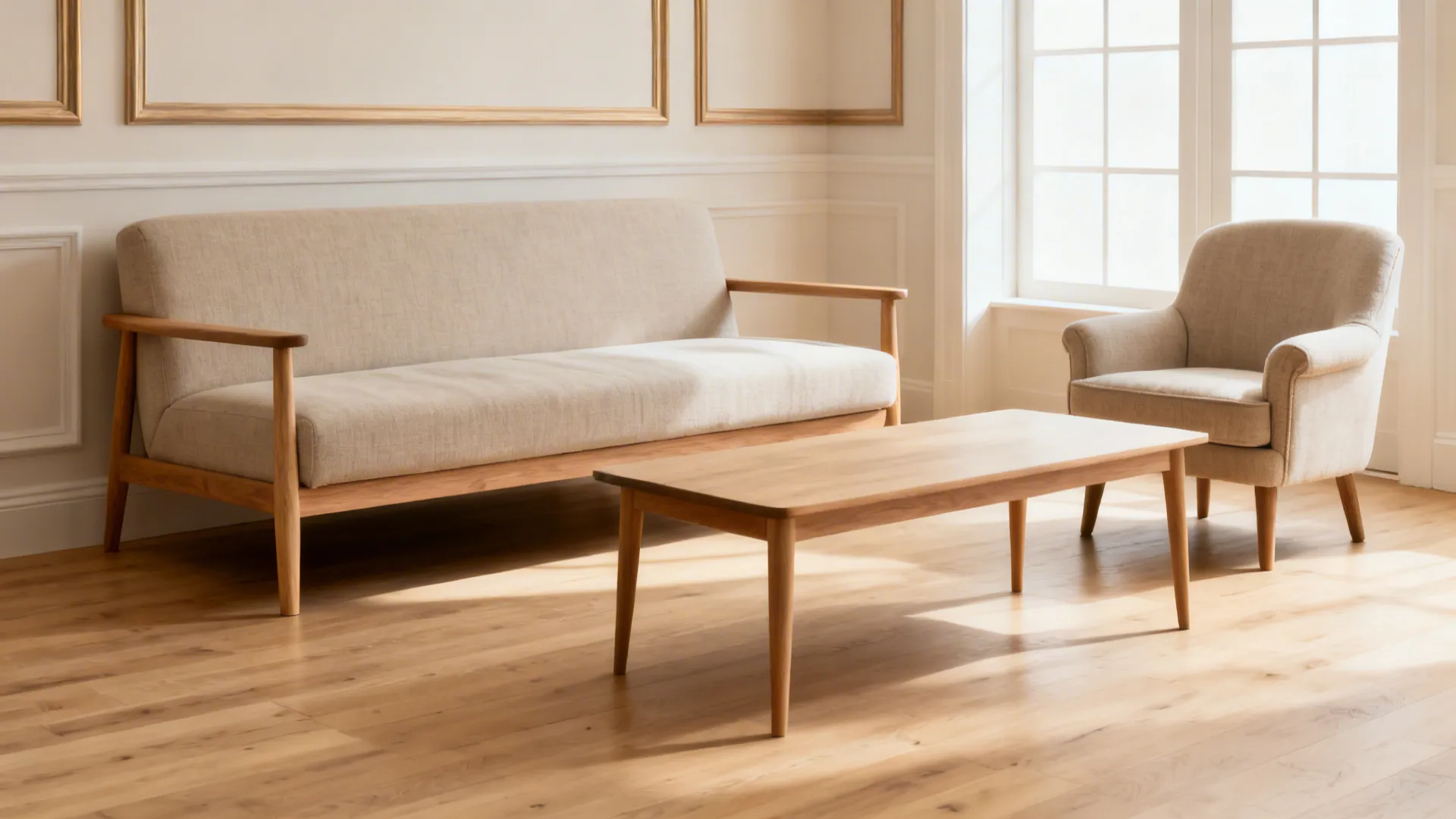 Small living room with a tight-back sofa and petite bergère chair arranged for conversation.