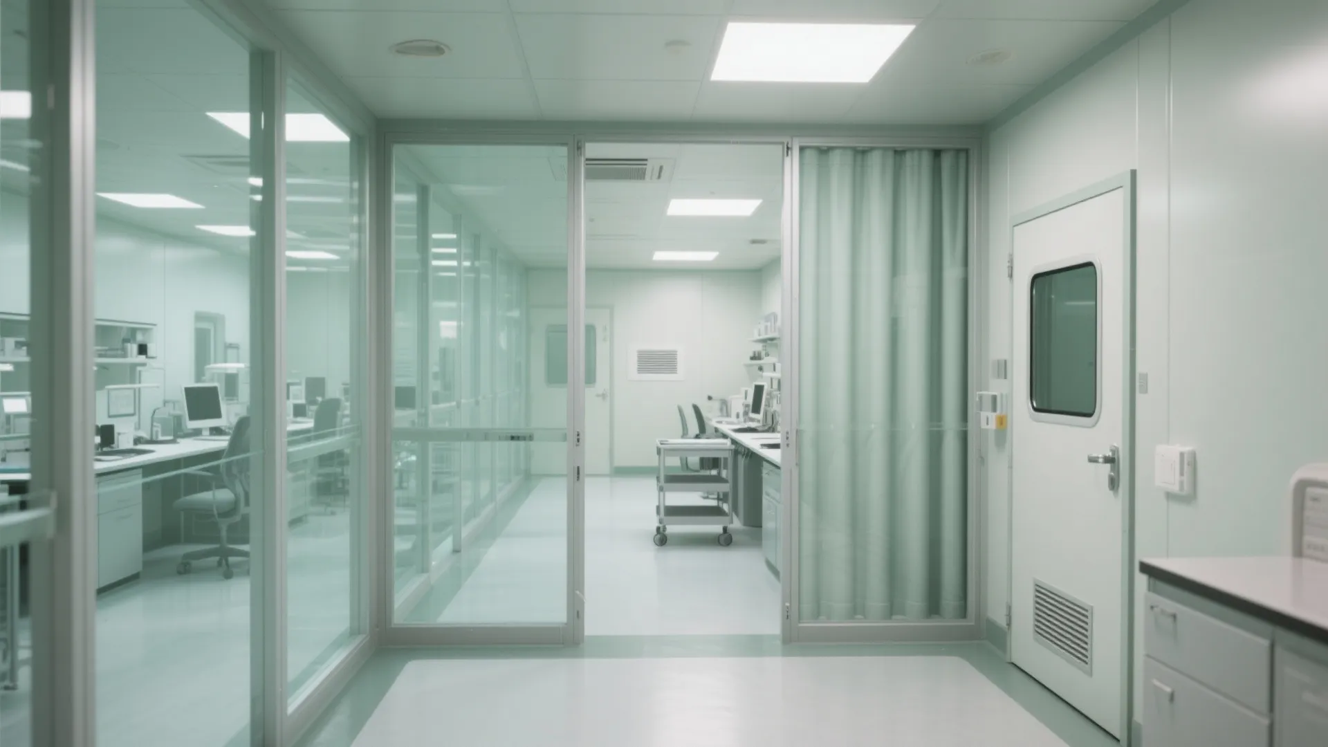 Sterile clean laboratory room featuring glass walls white desks computers green curtains and ceiling lights