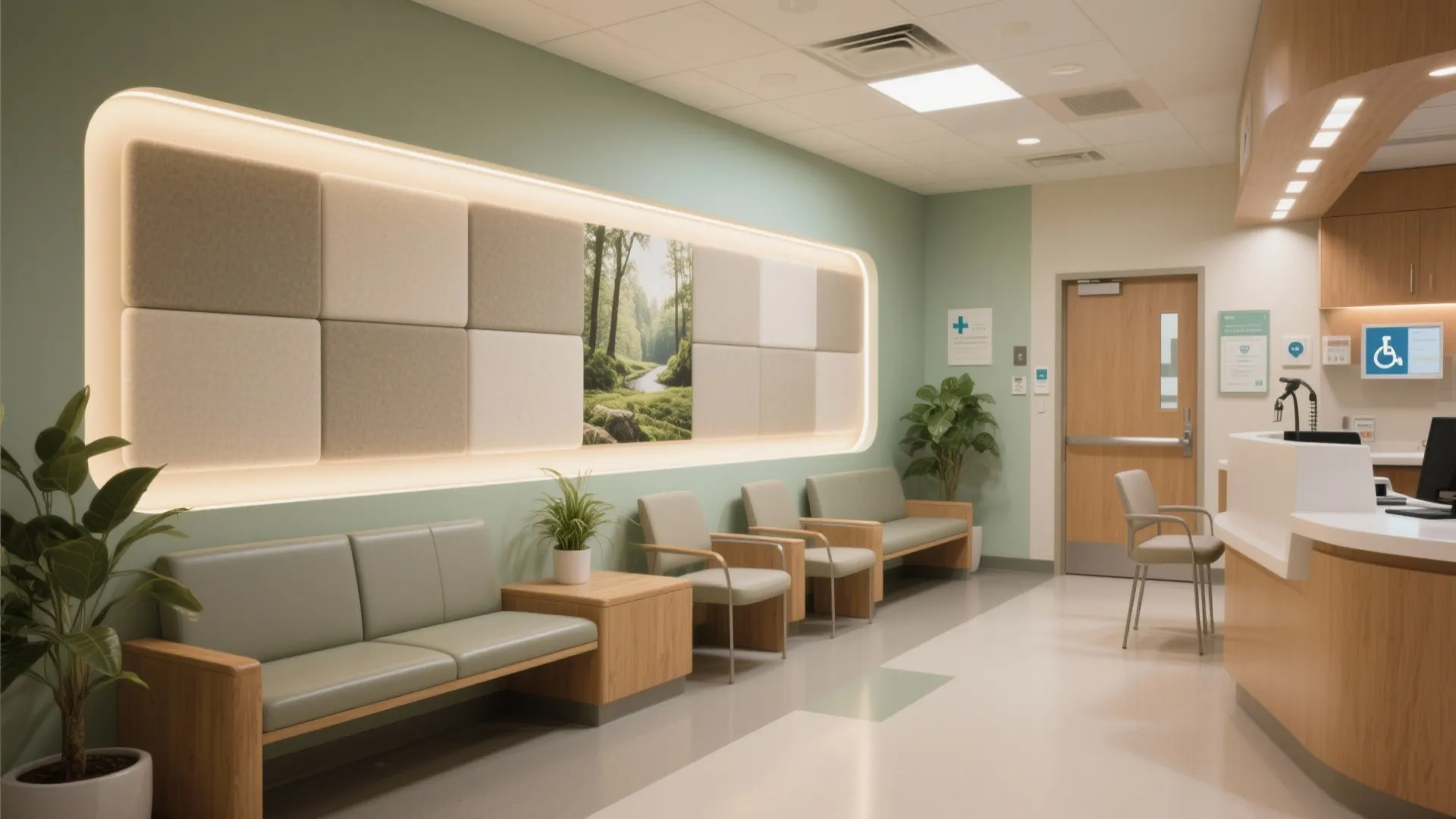 Healthcare waiting room featuring green sofa wood furniture wall panel with art and natural plants