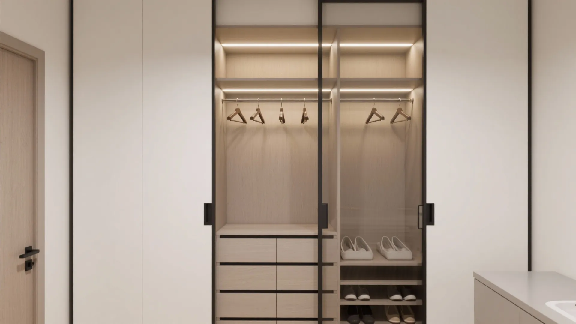 Modern white closet with glass sliding doors wooden shelves built in lights drawers and clothes