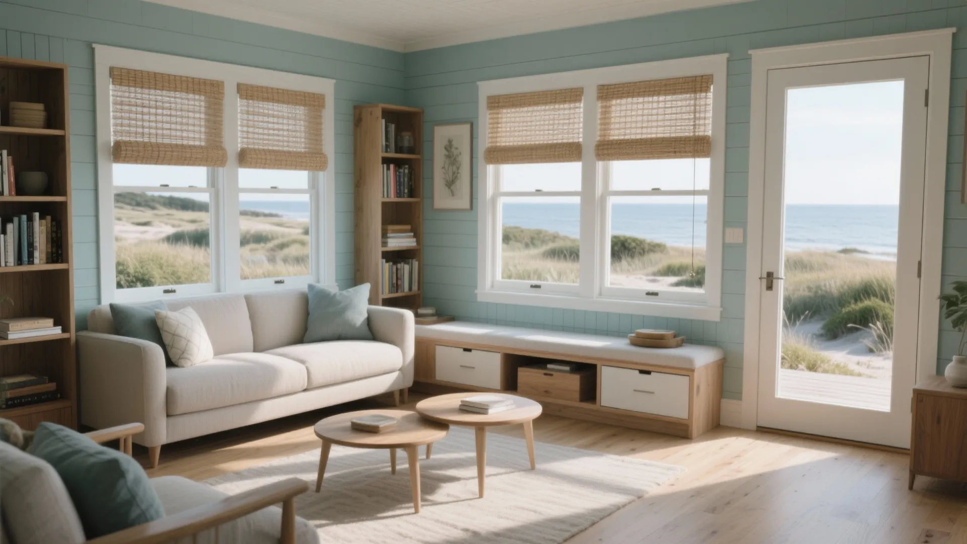 Coastal living room with light blue walls white sofa wooden coffee tables and ocean view