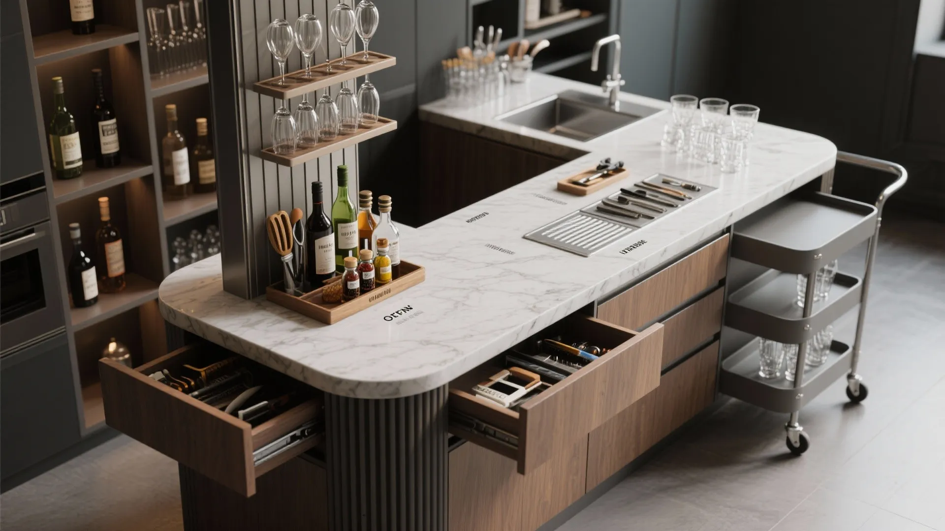 Top-down view of a compact cocktail station with pull-out drawers, bitters tray and vertical stemware storage.