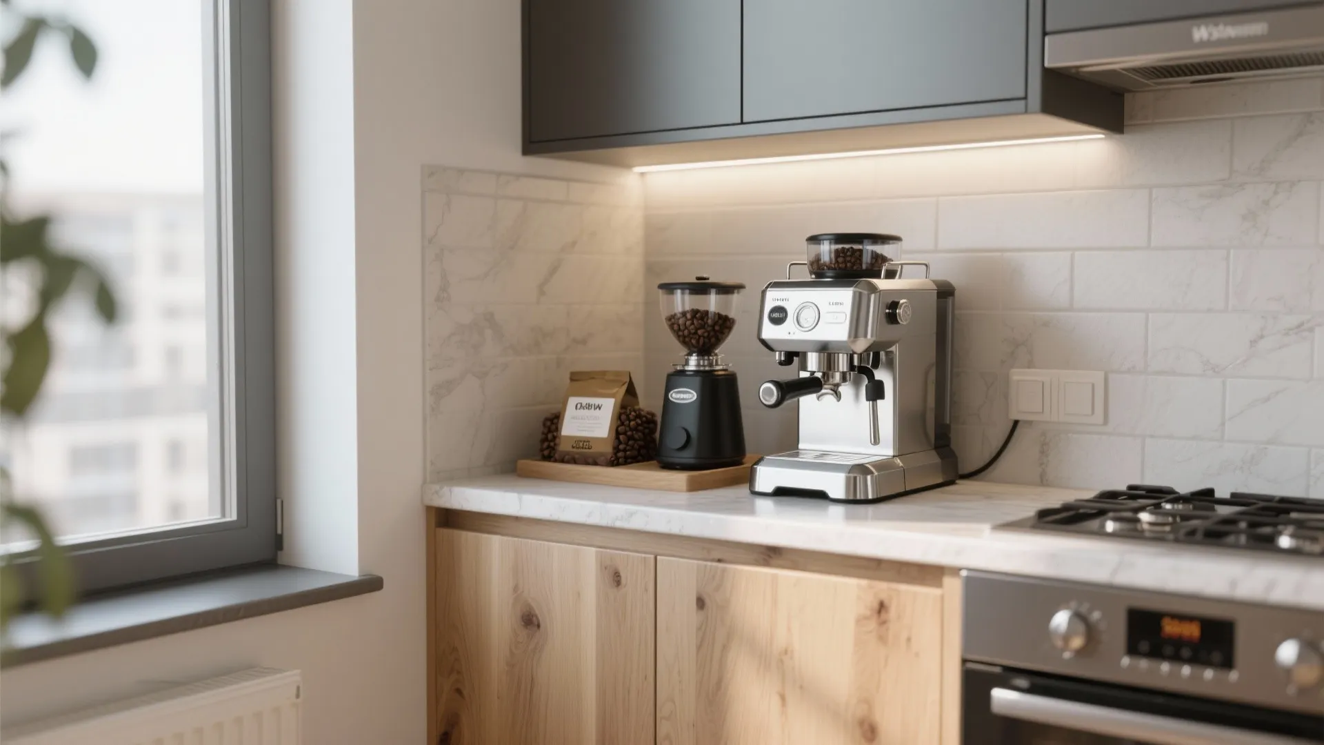 Modern kitchen coffee station with silver espresso machine black grinder white tiles and wood cabinets