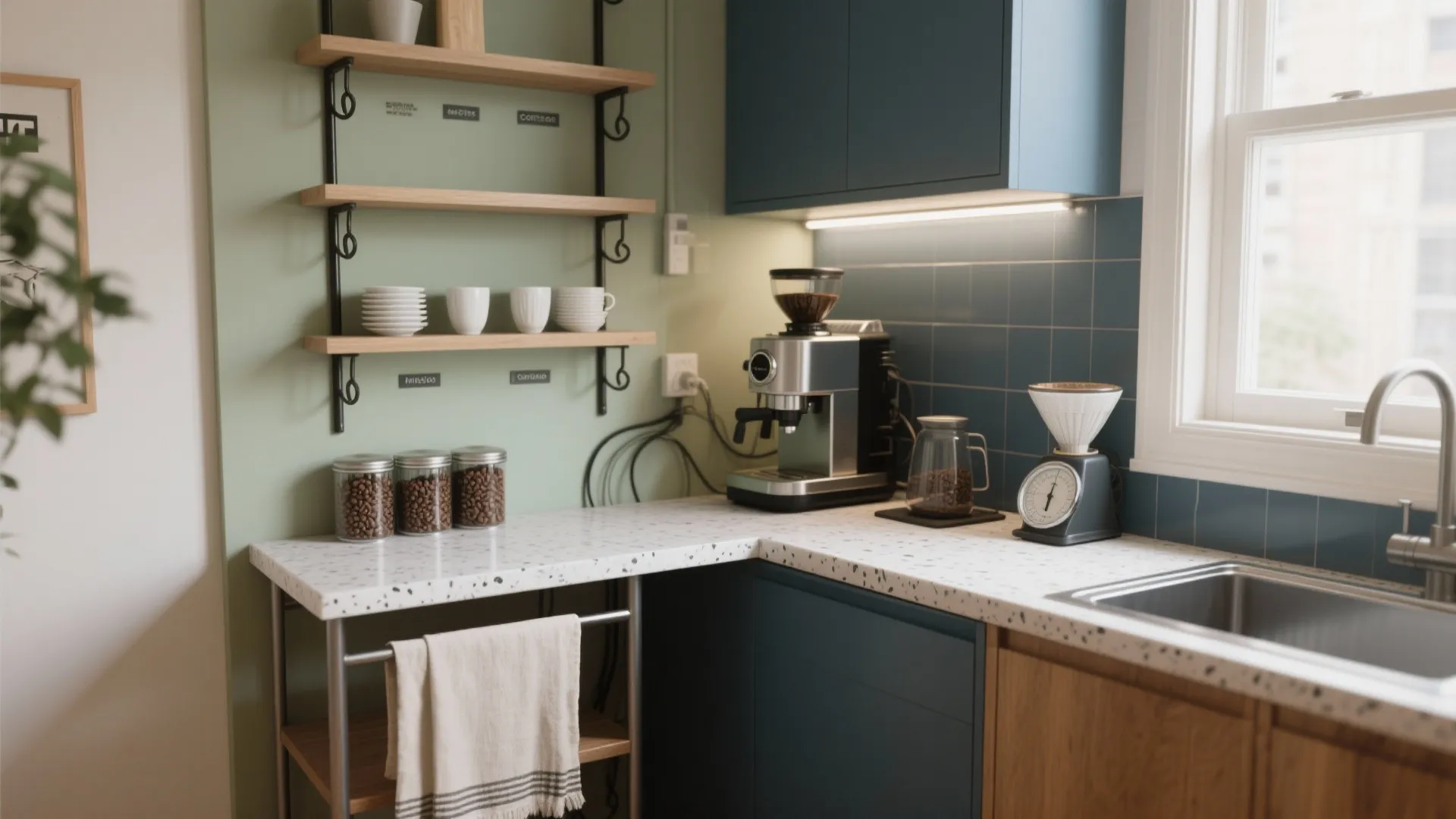 Modern kitchen coffee station with blue cabinets white stone countertop wooden shelves and coffee making equipment