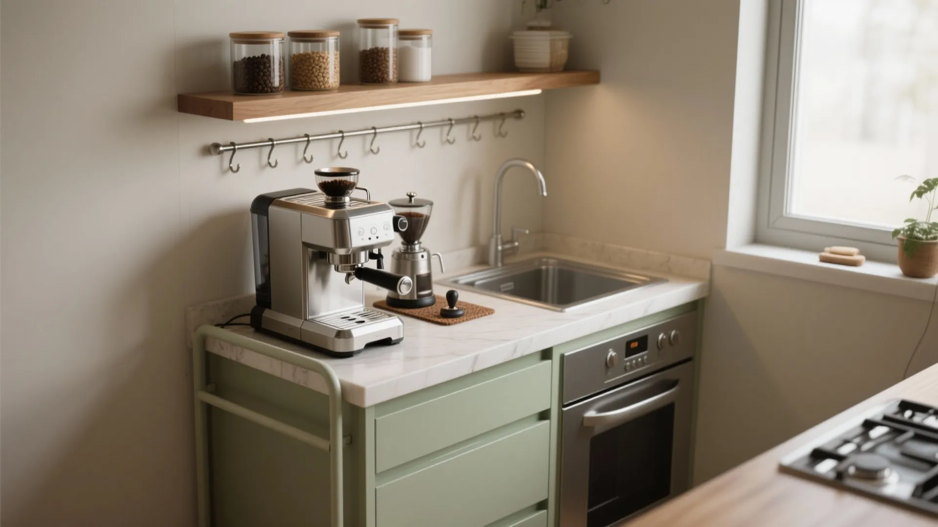 Small kitchen coffee station featuring silver espresso machine on marble countertop with light green storage cabinets