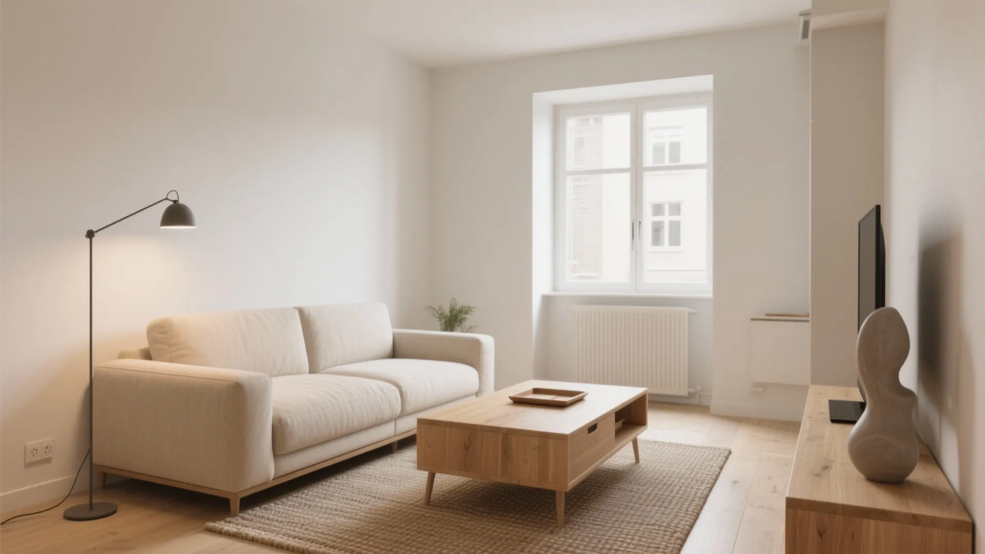 Modern bright living room with white sofa wooden coffee table floor lamp and large white window