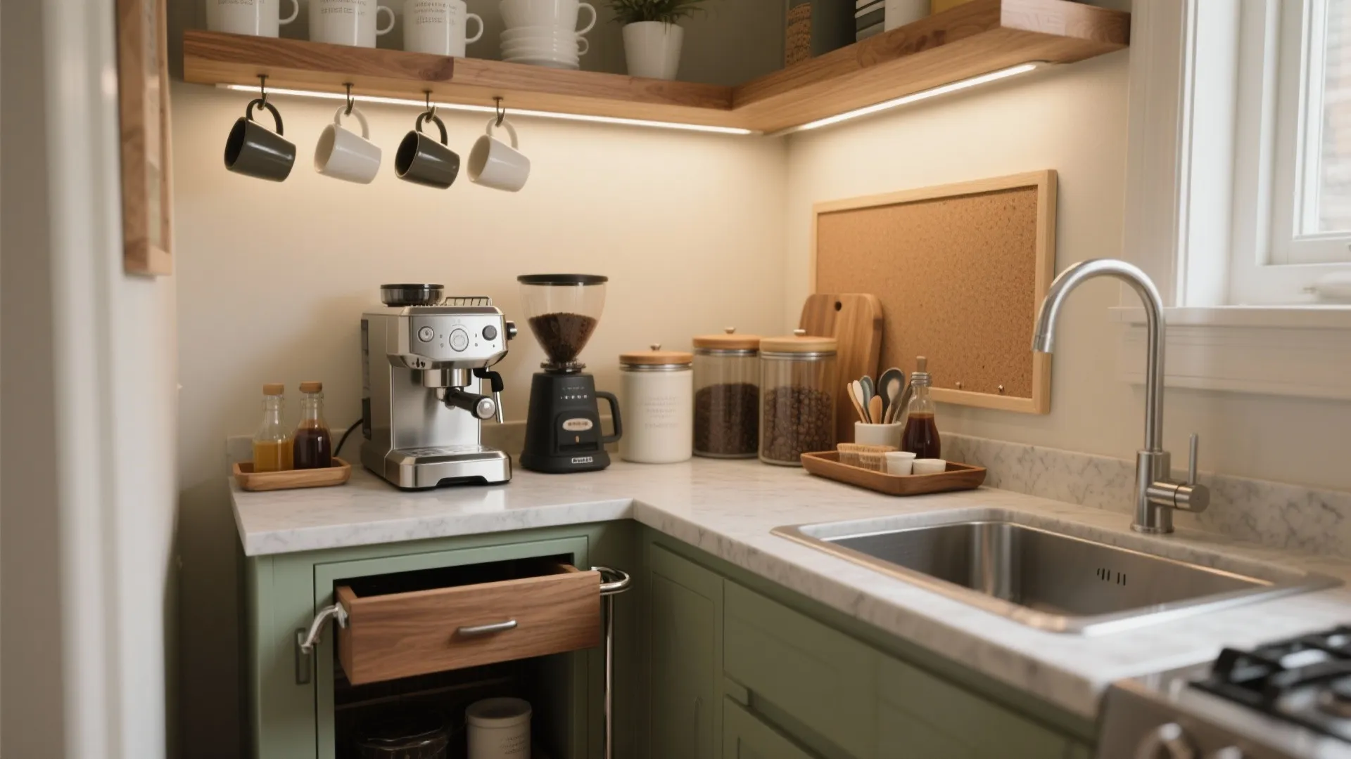 Compact coffee station with silver espresso machine coffee bean grinder marble countertop and green kitchen cabinets