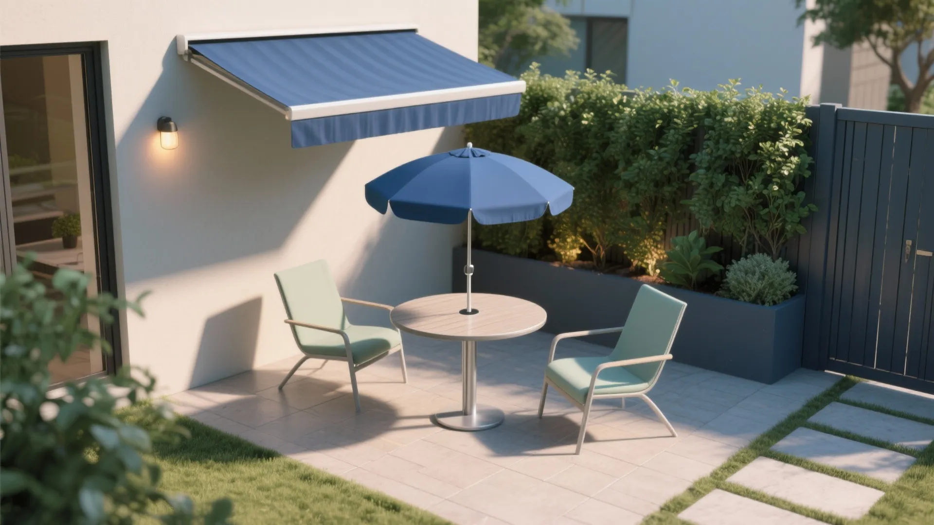 Modern backyard patio with two light green chairs wooden table blue umbrella awning and greenery