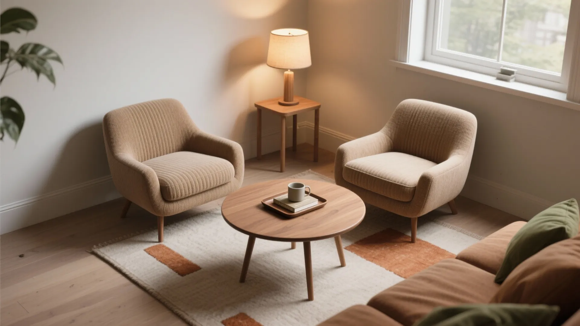 Two beige armchairs sitting on a patterned rug near a round wooden table and lamp