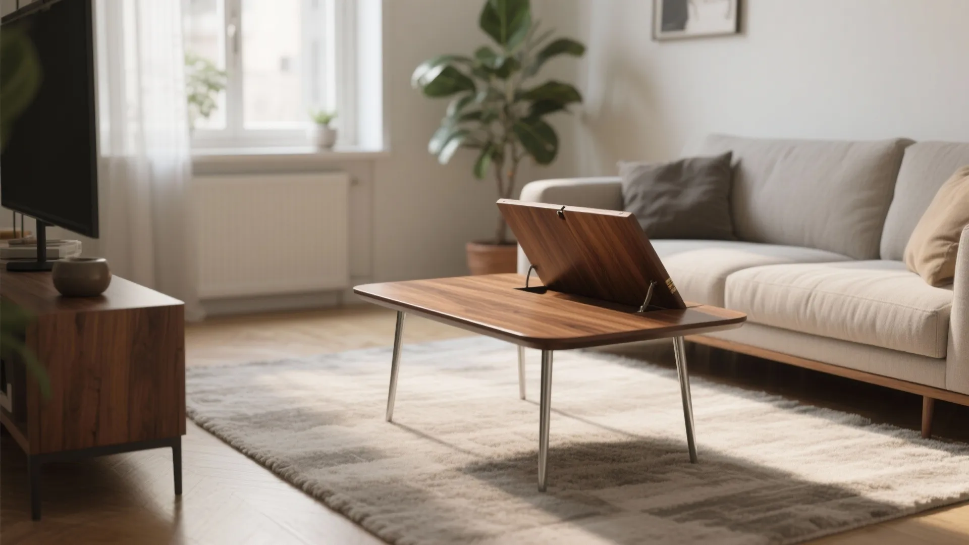 Minimalist living room with a wooden coffee table showing a flip top storage compartment feature