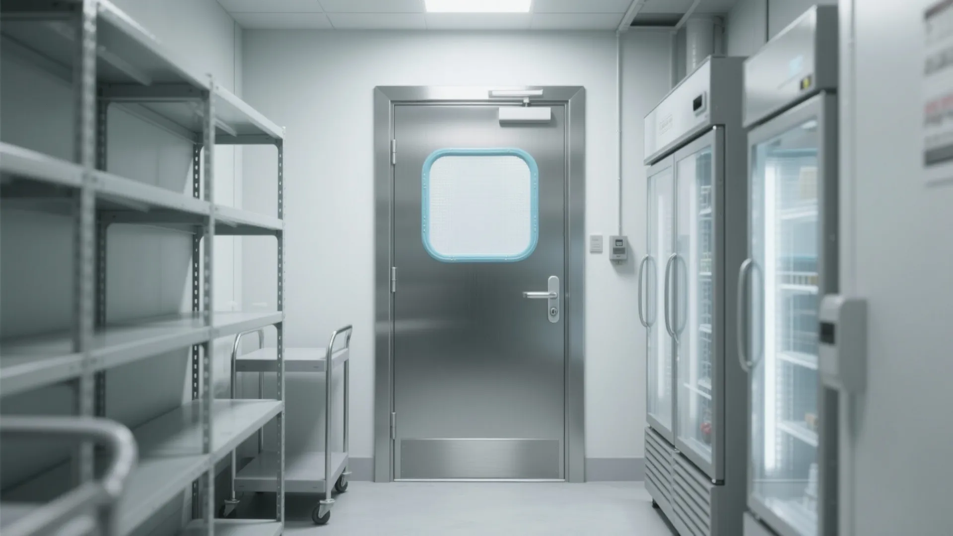 Industrial cold storage room with steel door metal shelving refrigerator units and a utility cart