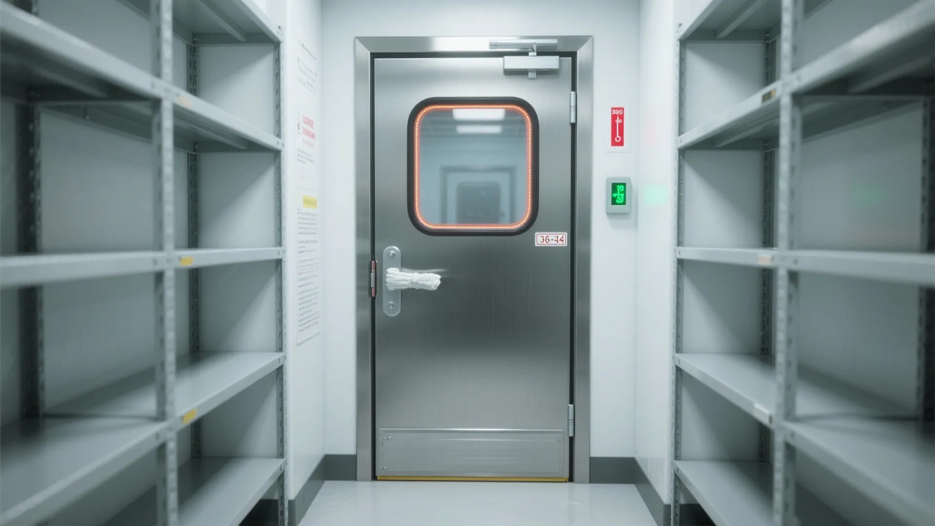 Storage room with metal shelving units on both sides and a stainless steel cold door