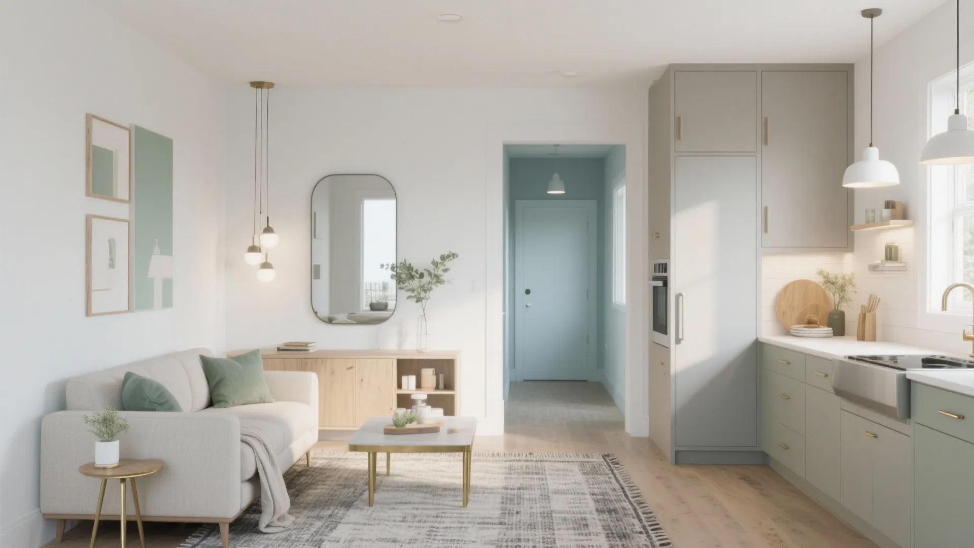 Modern small apartment with open living room and kitchen featuring soft green and wood accents