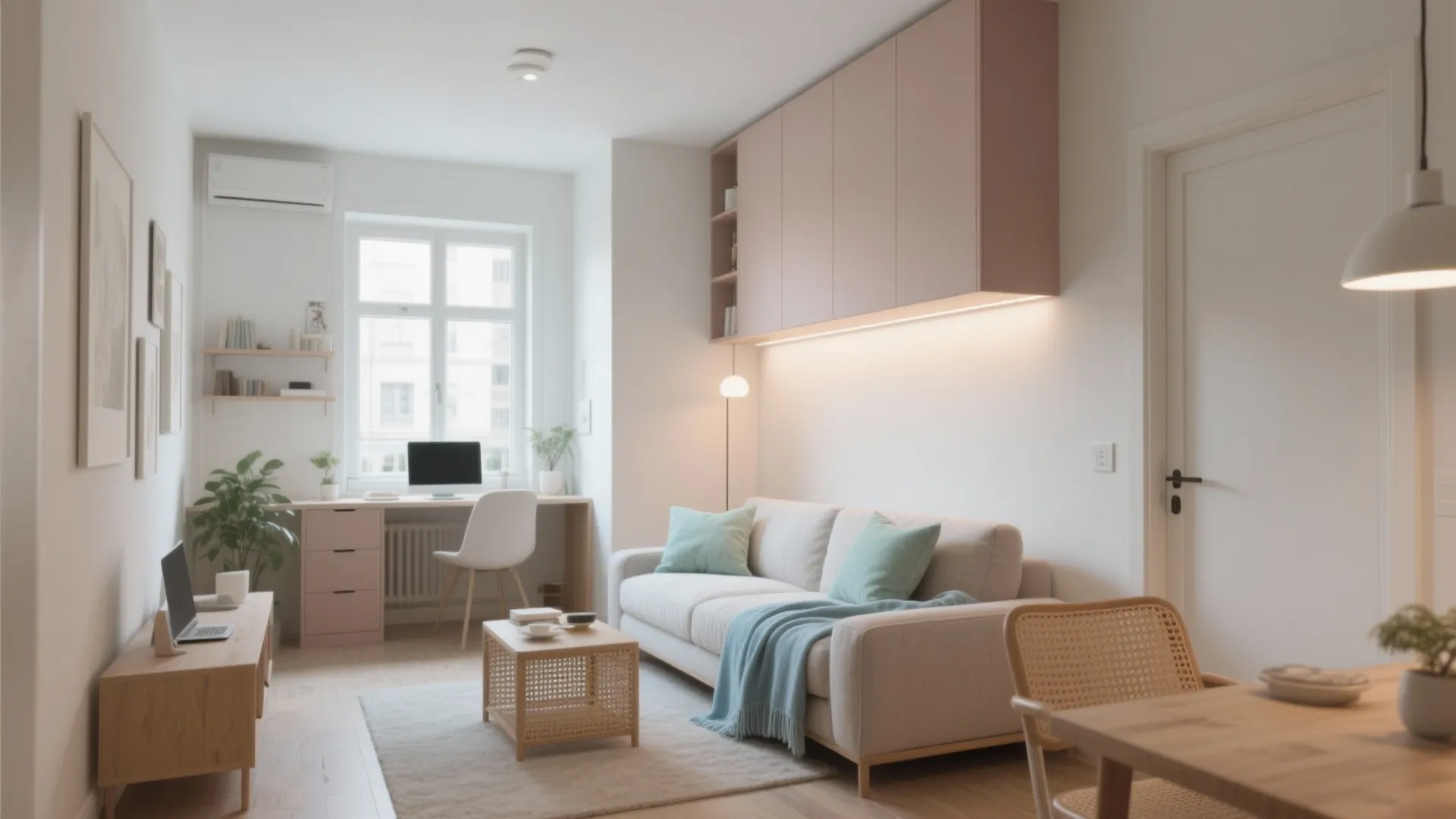 Modern small apartment with white sofa pink wall cabinets wooden desk and clean home office