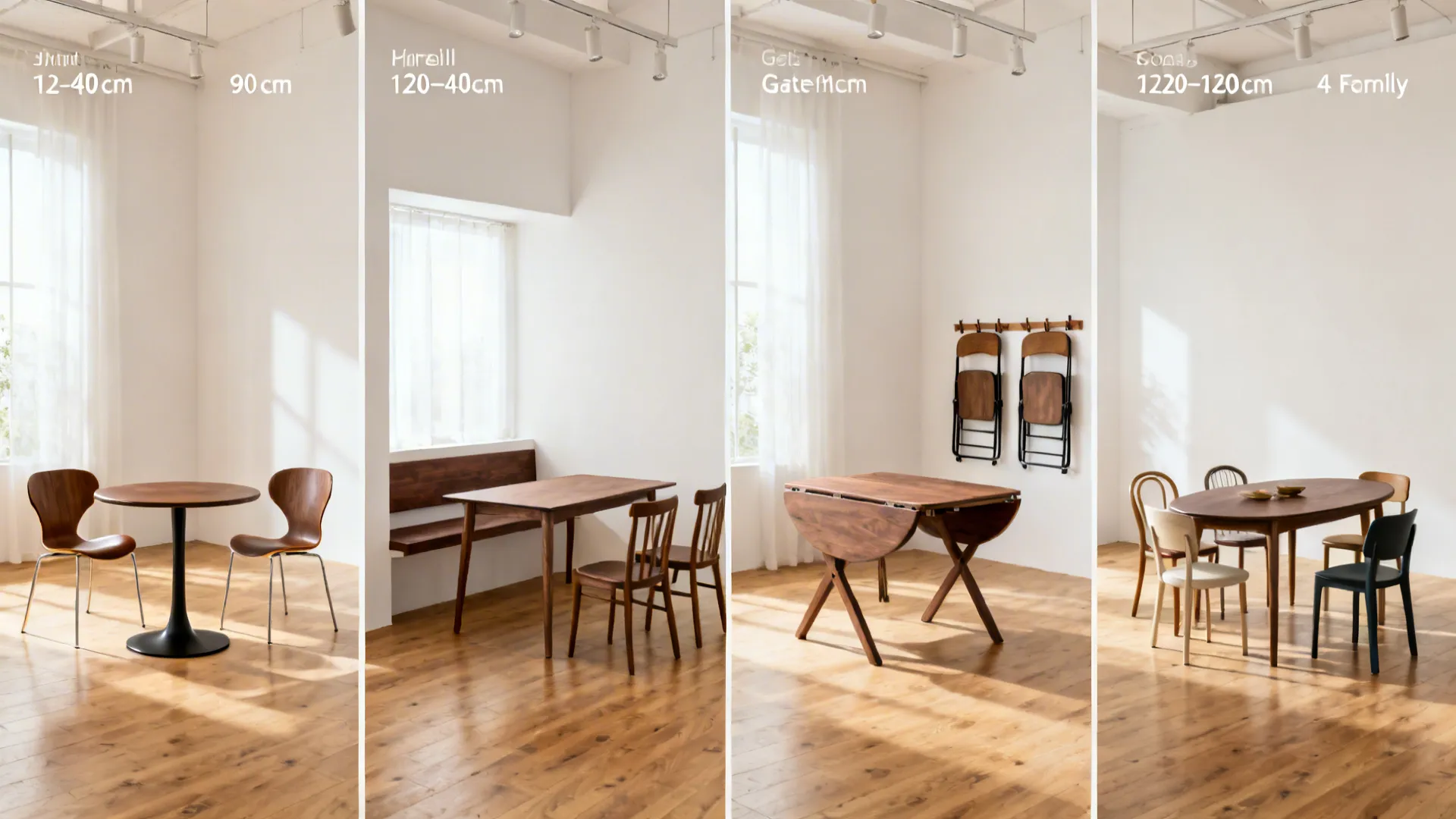 Four compact dining setups including round pedestal, wall bench, gateleg with folding chairs, and an oval table with mixed chairs.