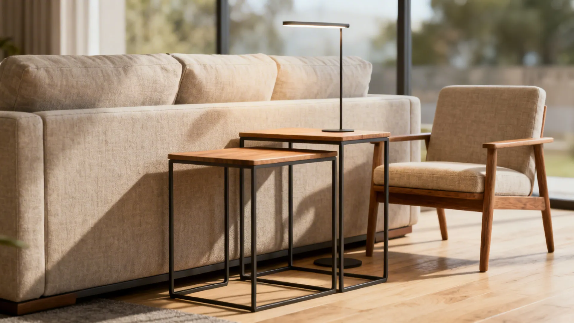 Nesting side tables with wood tops and black metal legs placed beside a large sofa
