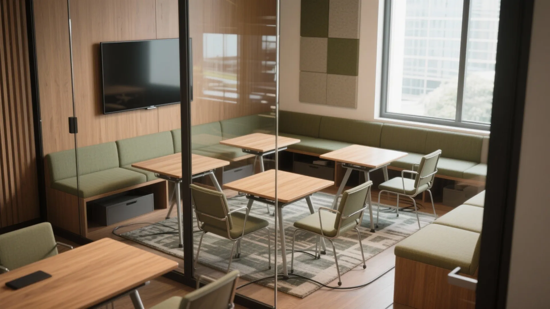 Small conference room with glass walls featuring green bench seating and several wooden square tables