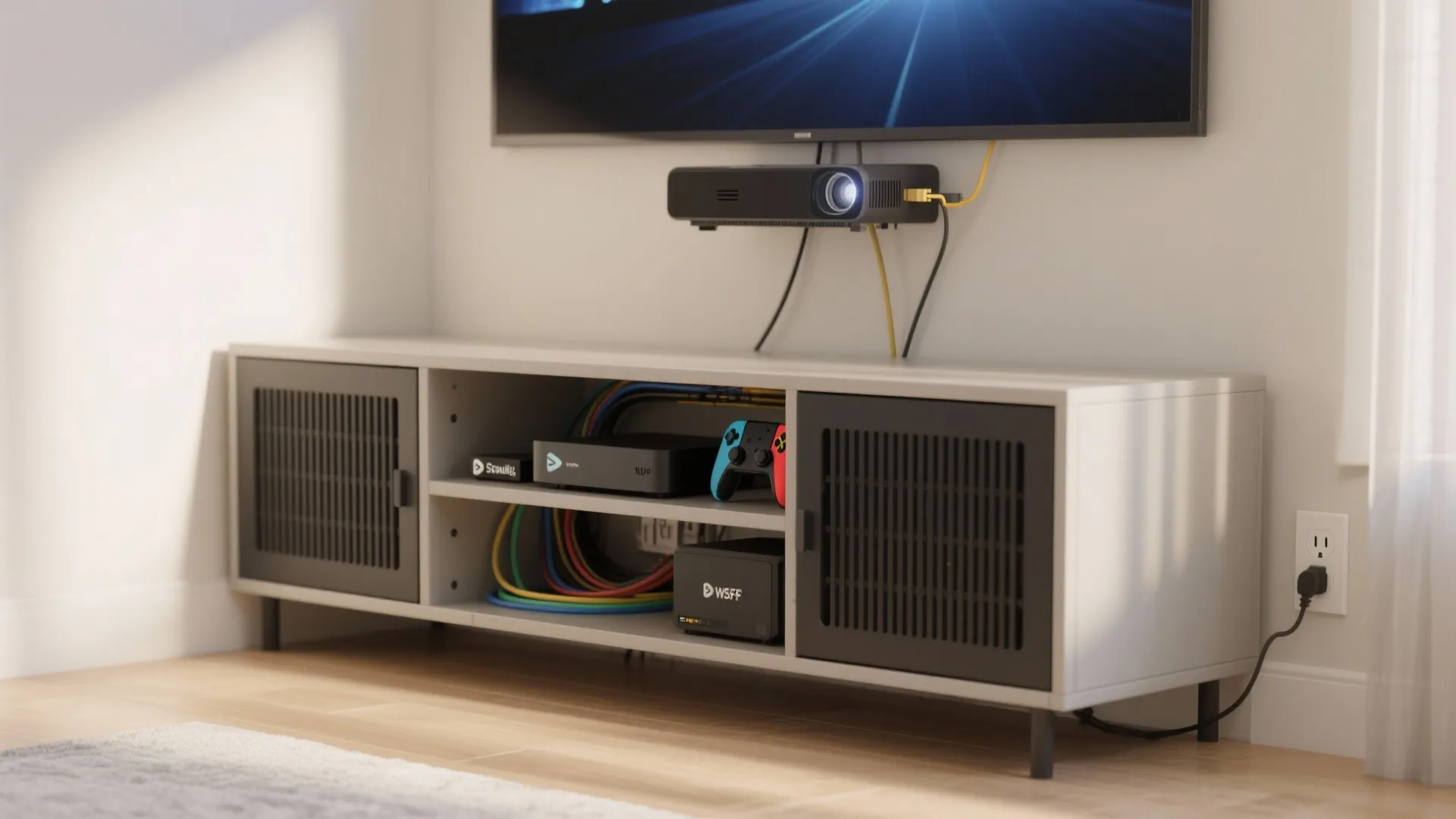 Slim media console with rear ventilation, labeled cables, smart plug, and UPS for a small projector setup.