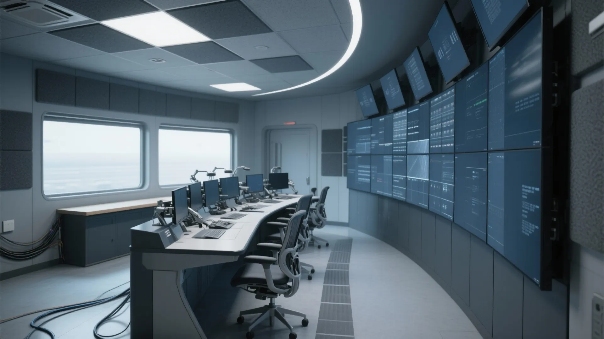 Modern control room with curved desk, several computer monitors, office chairs, and large wall screens