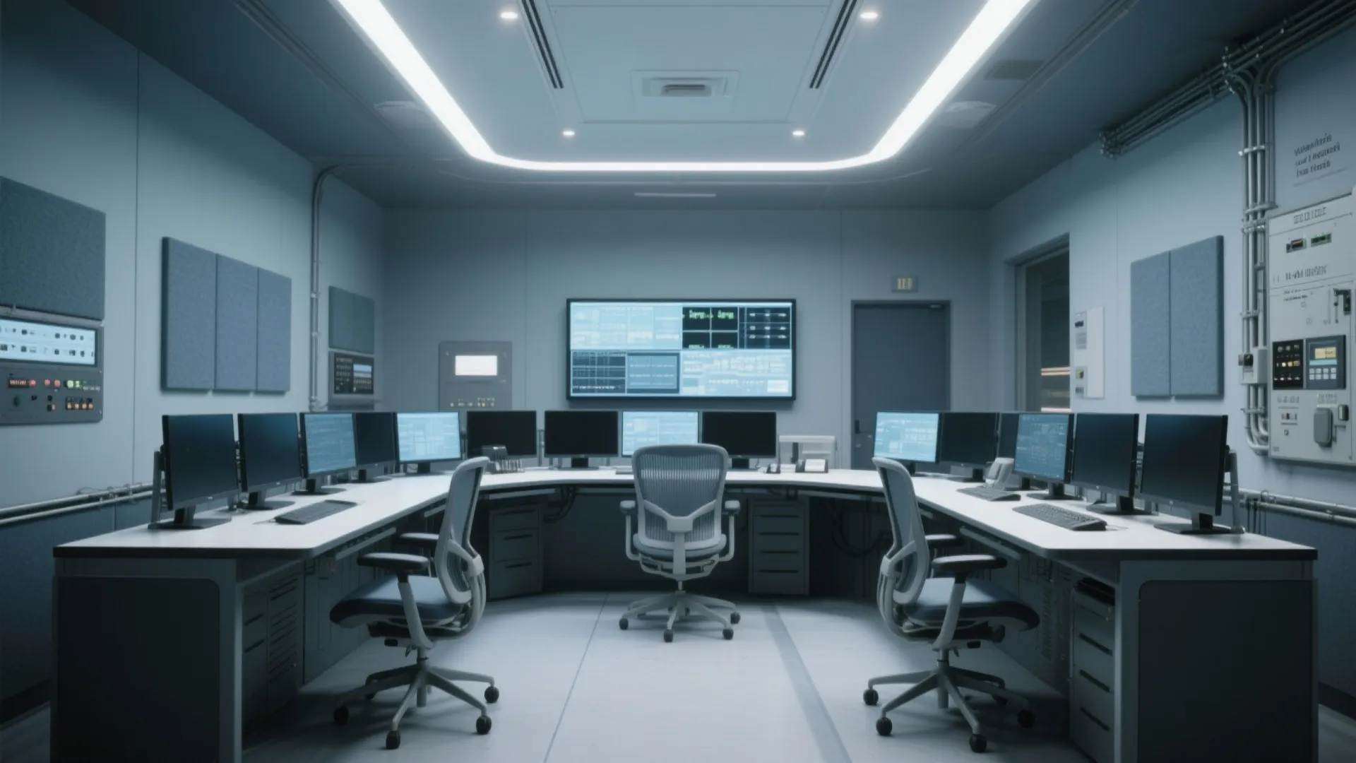 Modern control room interior design drawing featuring multiple screens on white desks and grey office chairs