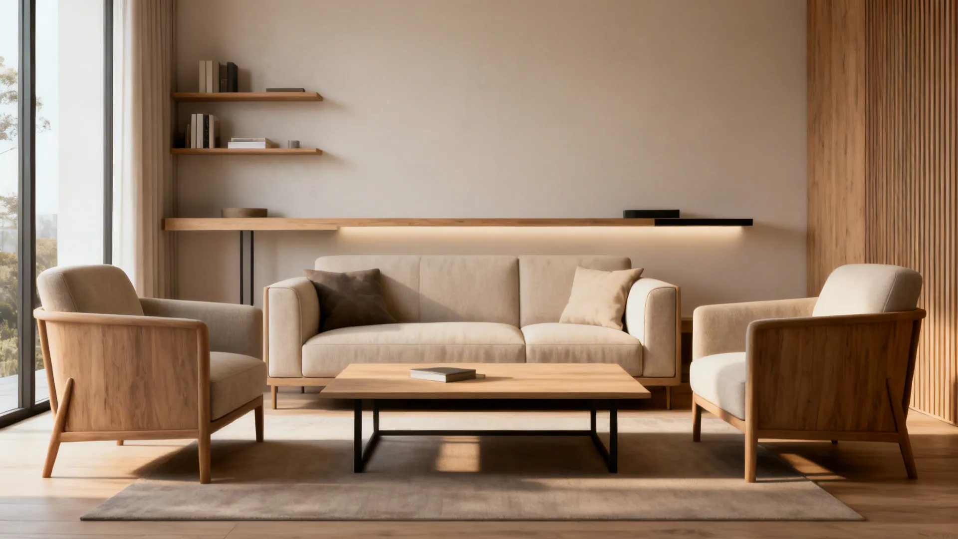 Small living room conversation layout with sofa, two armchairs and coffee table, showing circulation space.