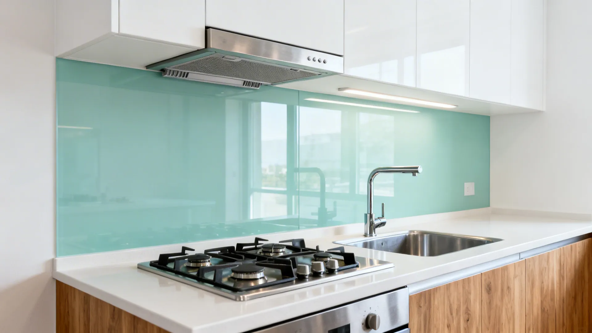 Compact cook zone with hood, 3–4 burner hob, and a deep sink with pull-out faucet