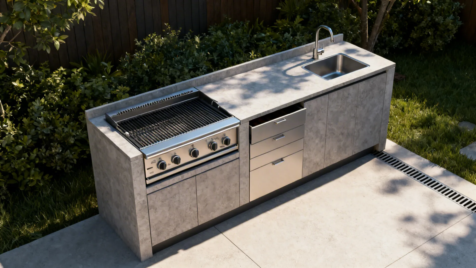 Slimline outdoor cooking nook with small grill, sink, and storage on a compact patio
