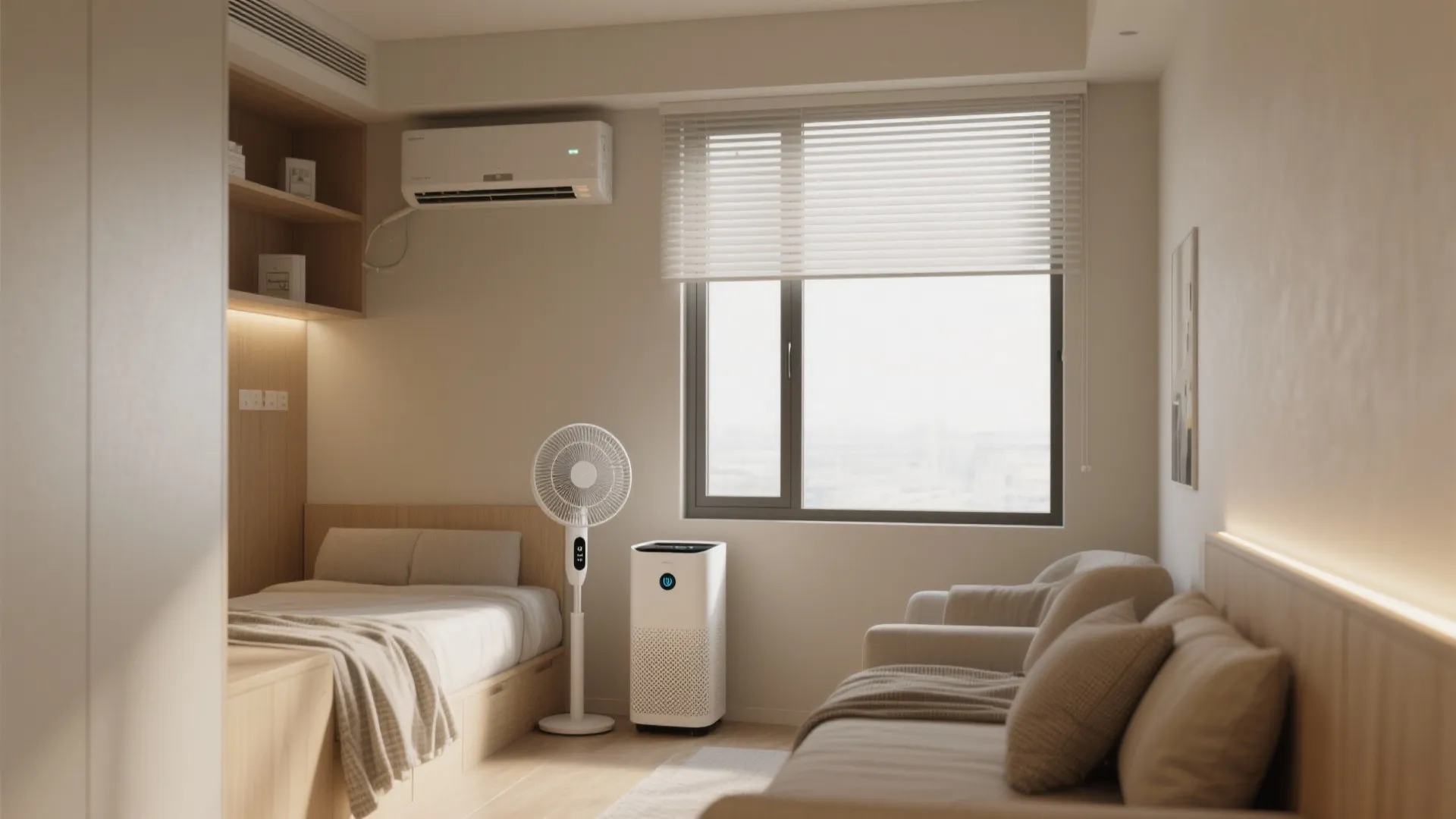 Modern small bedroom with wood bed, floor fan, air purifier, window blinds, and air conditioner