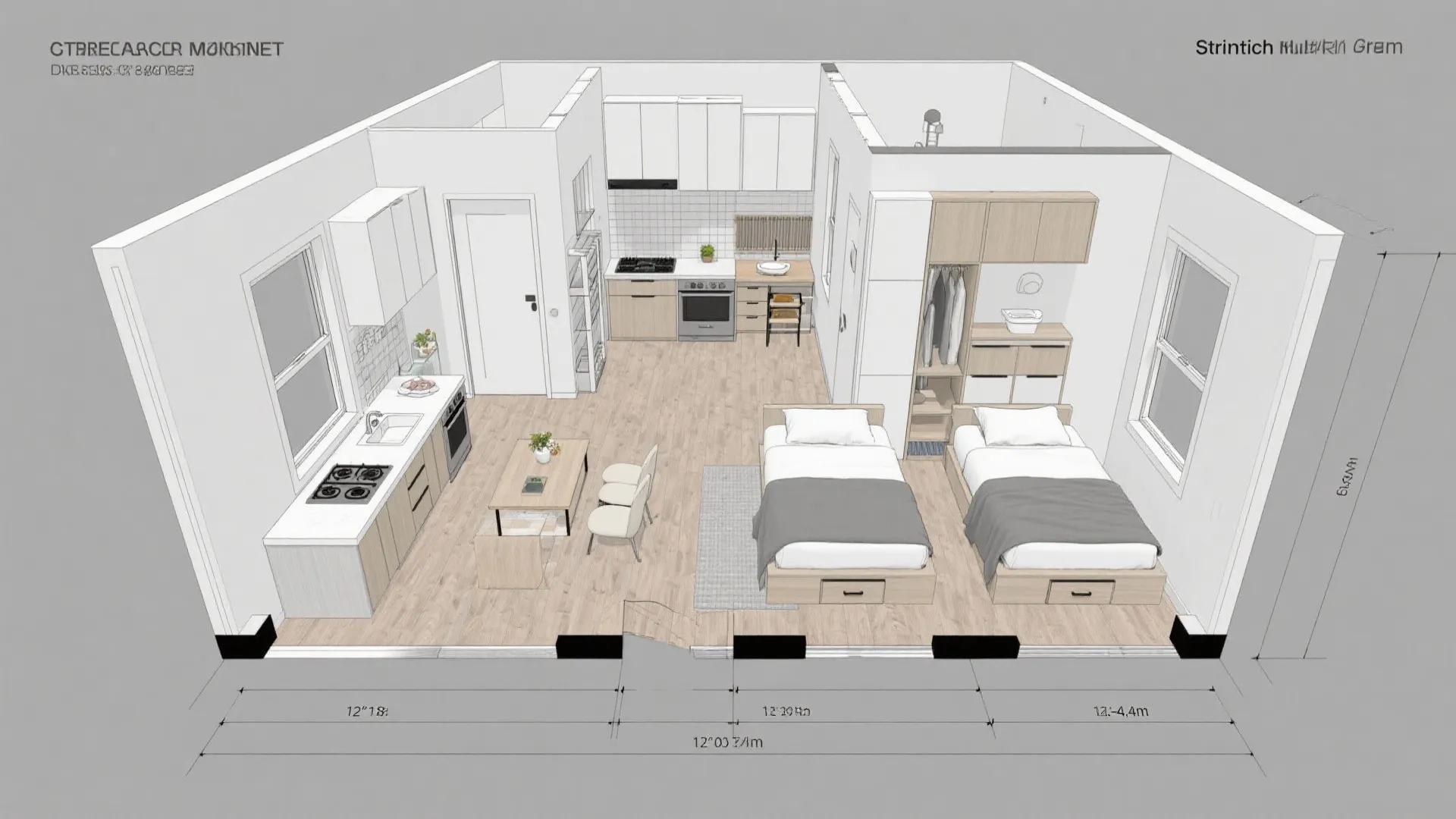 Top-down CAD plan with compact core, flex room, and stacked baths