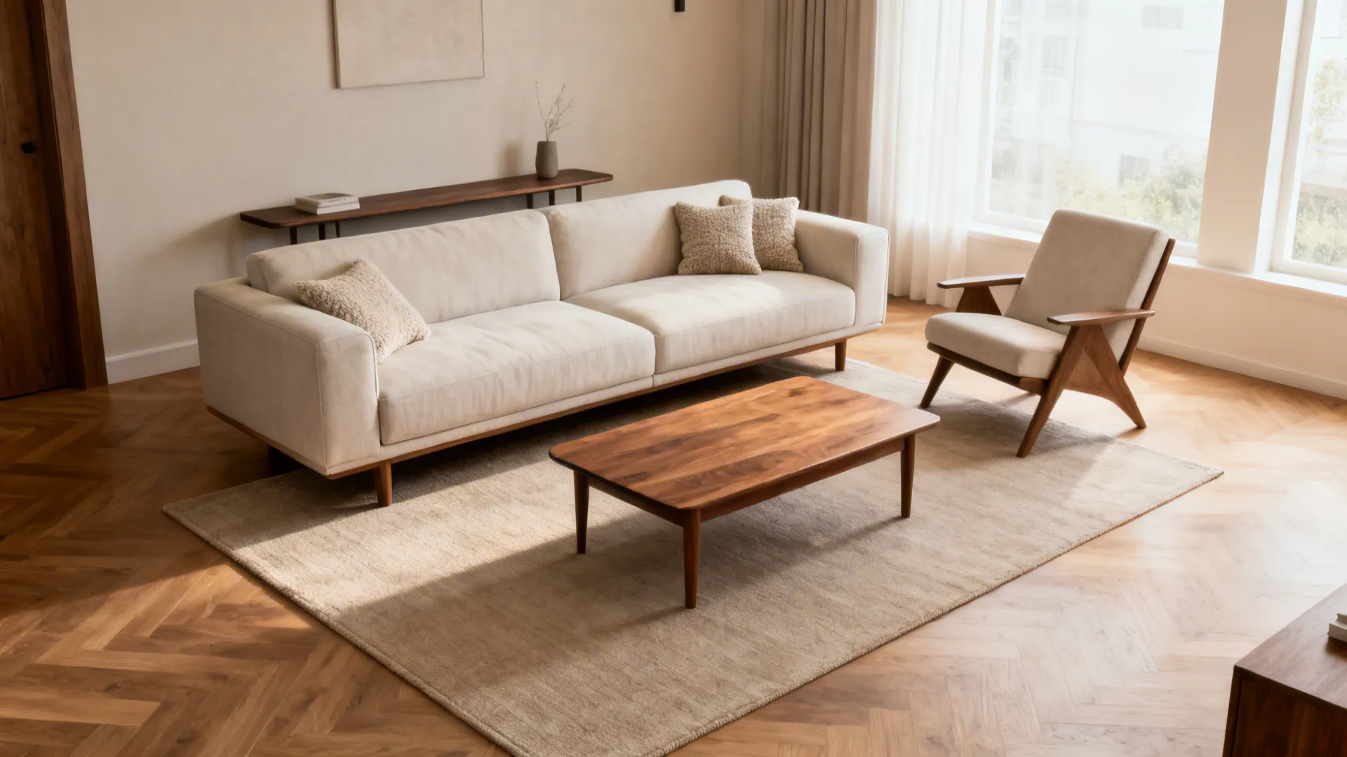 Compact conversation core with angled chair, slim console, and a 6x9 rug in a small L-shaped room.