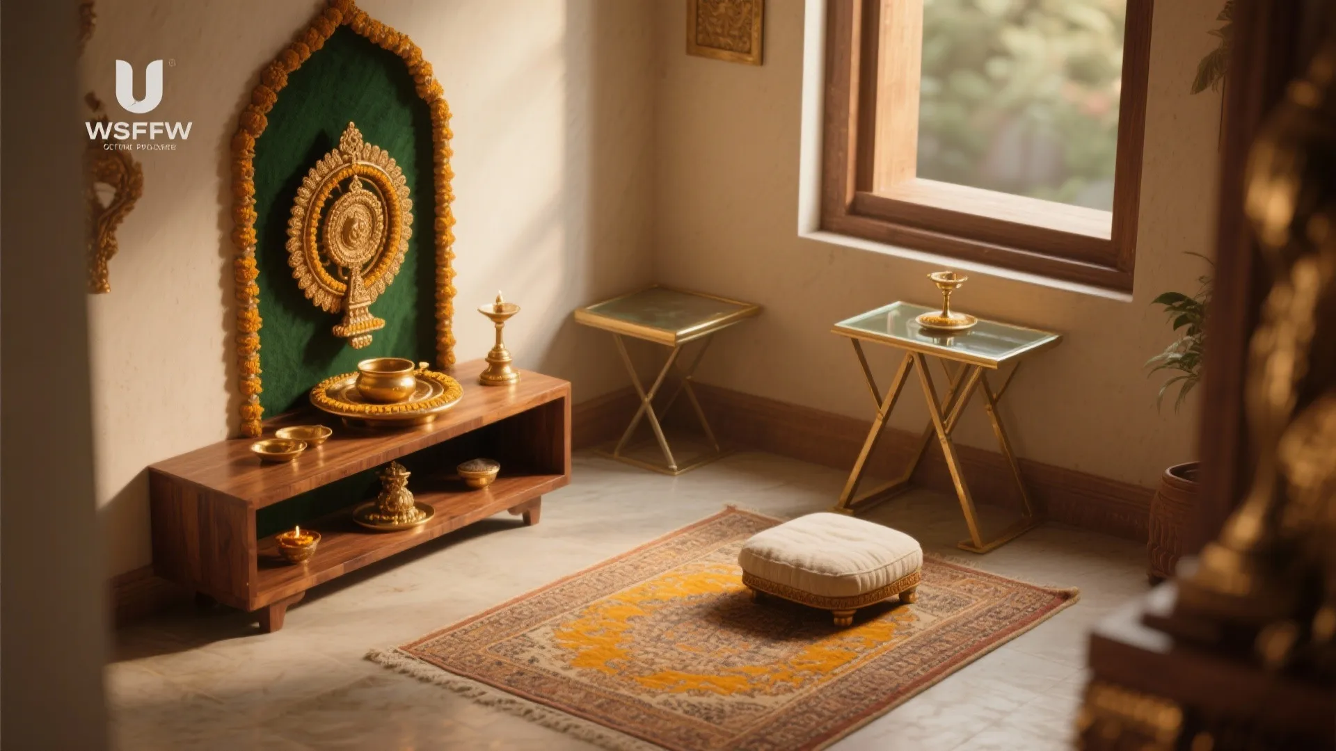 Small prayer room with wooden cabinet brass items green wall panel footrest and rug near window