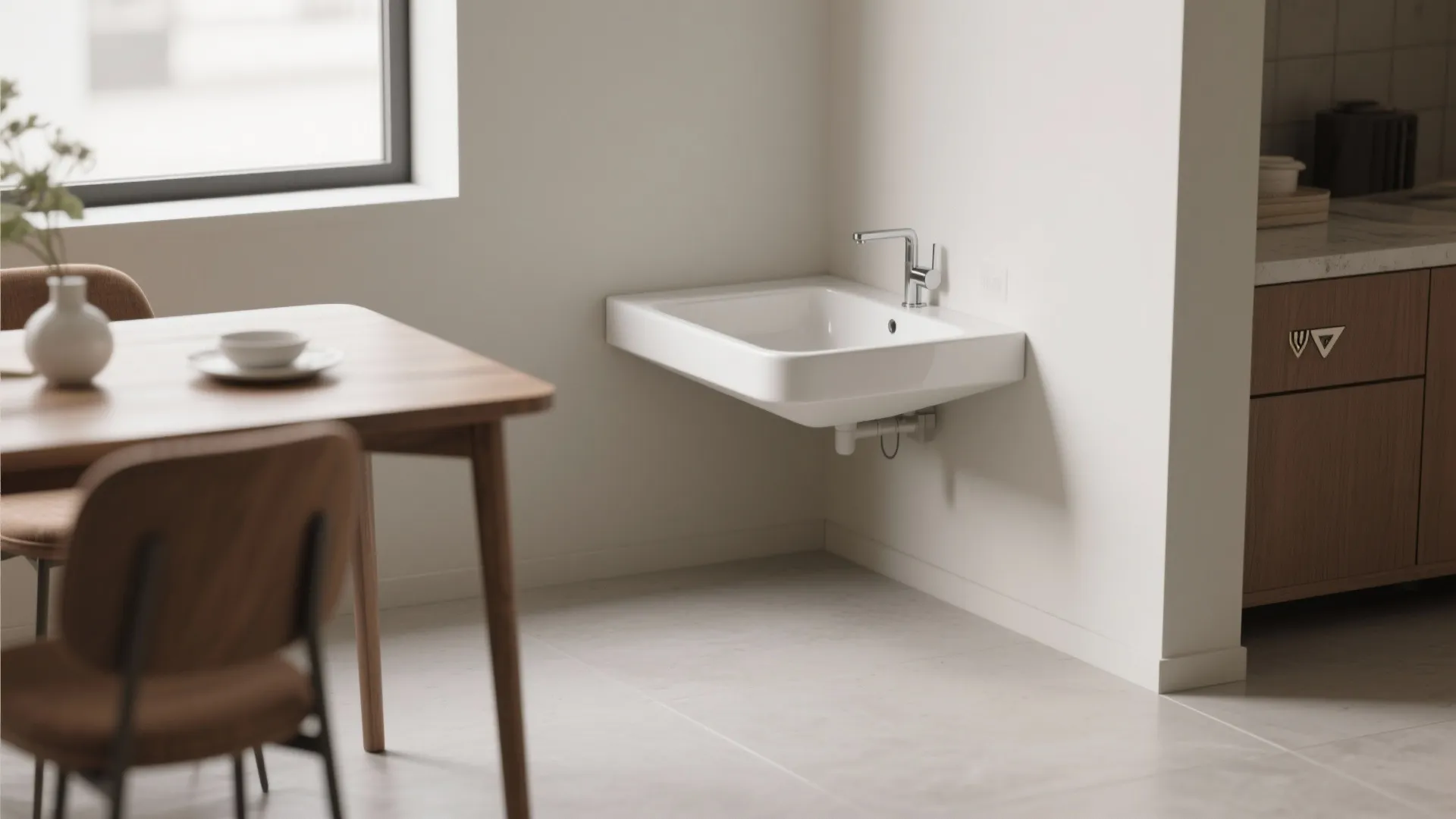 Small white wall mounted sink in a room with a wooden table and dining chairs