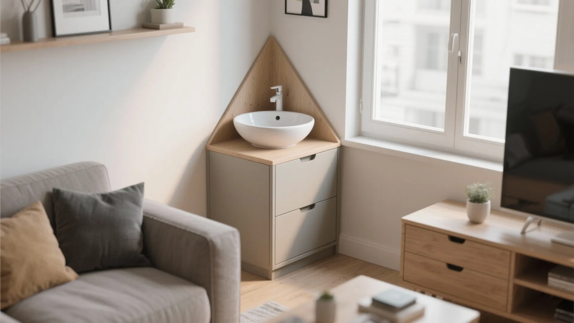 Compact corner wash basin with wooden cabinet placed in a small modern living room near window