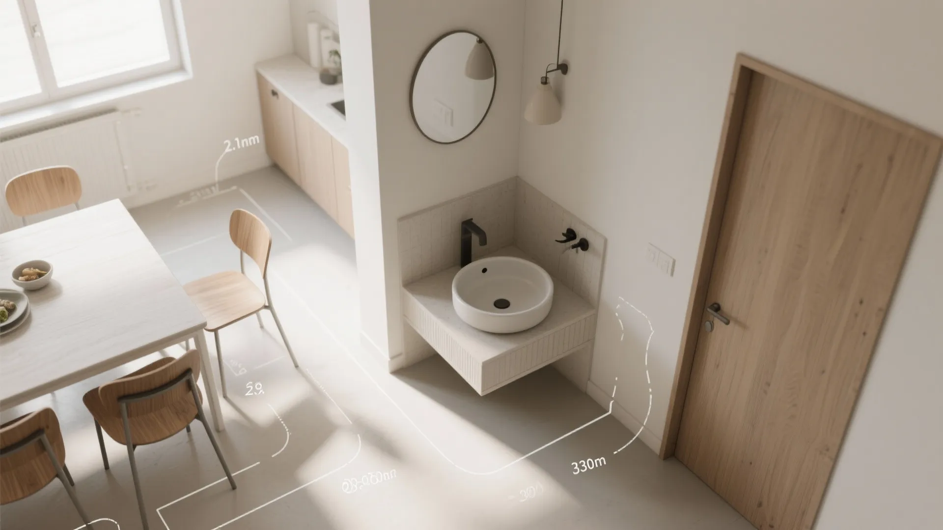 Interior design drawing with room measurements for a small sink area next to dining chairs