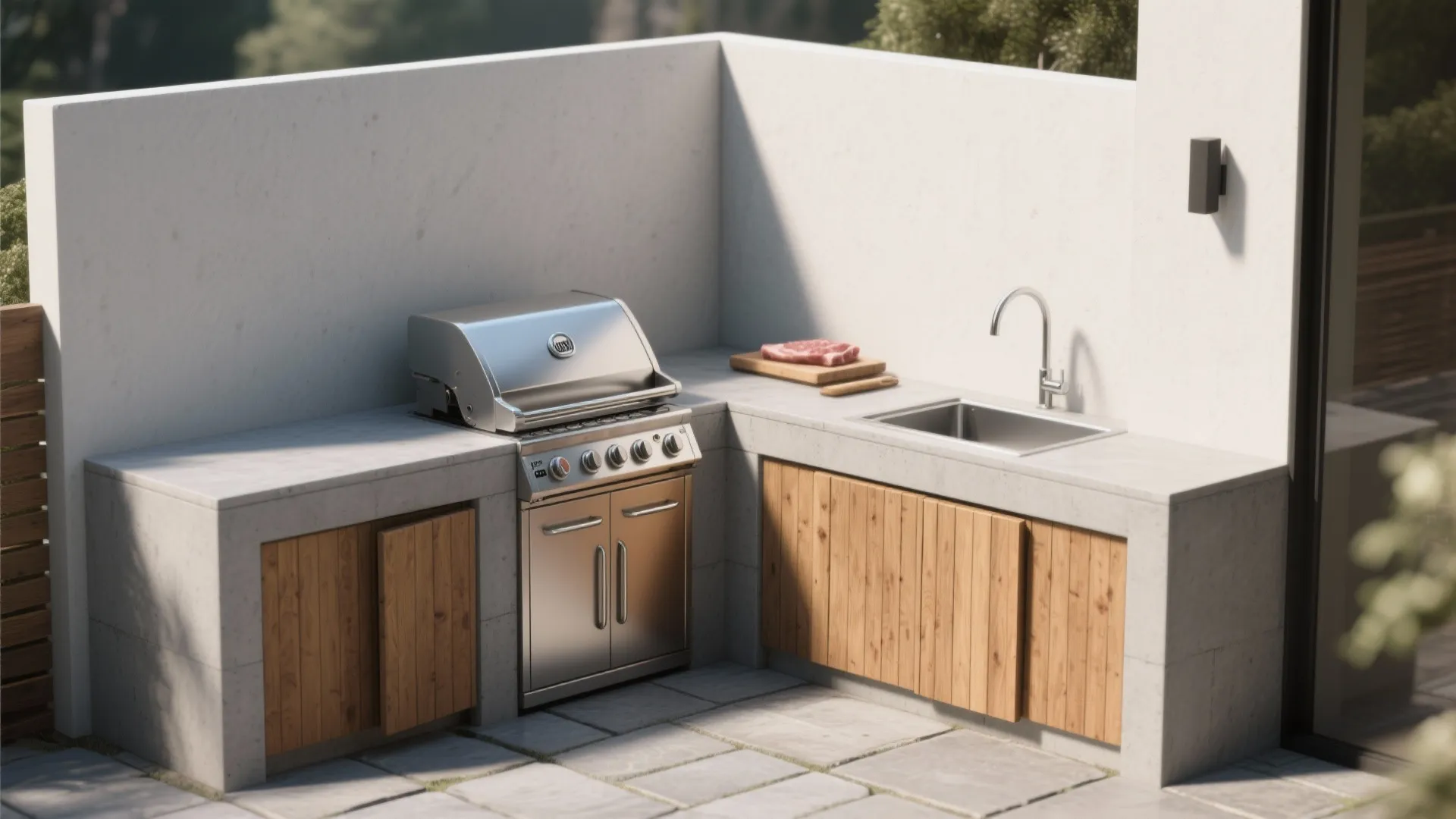 Compact corner outdoor grill station with wood cabinets stone countertop sink and a metal barbecue