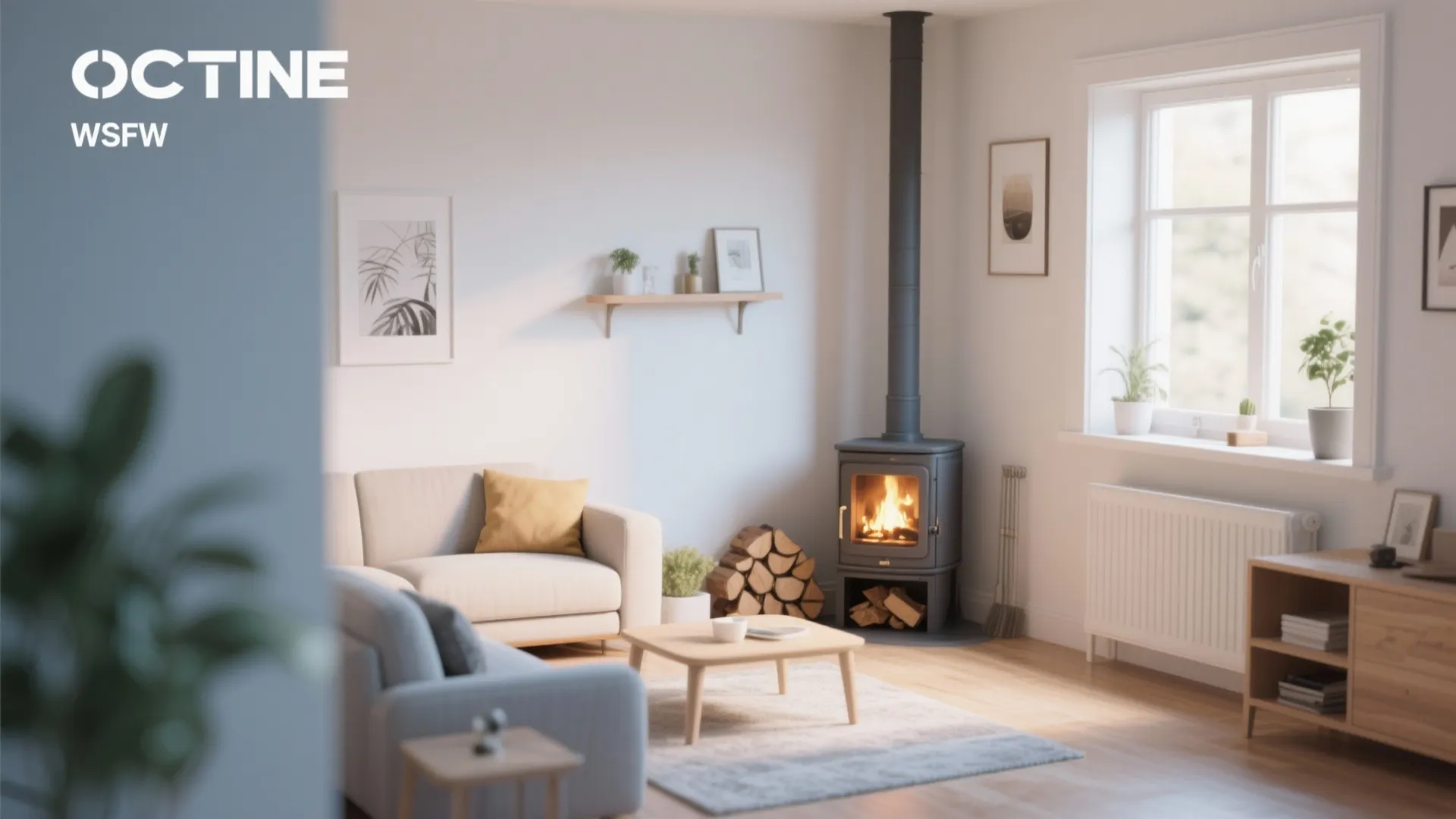 Minimalist living room featuring small black wood burner white window light colored sofa and floor