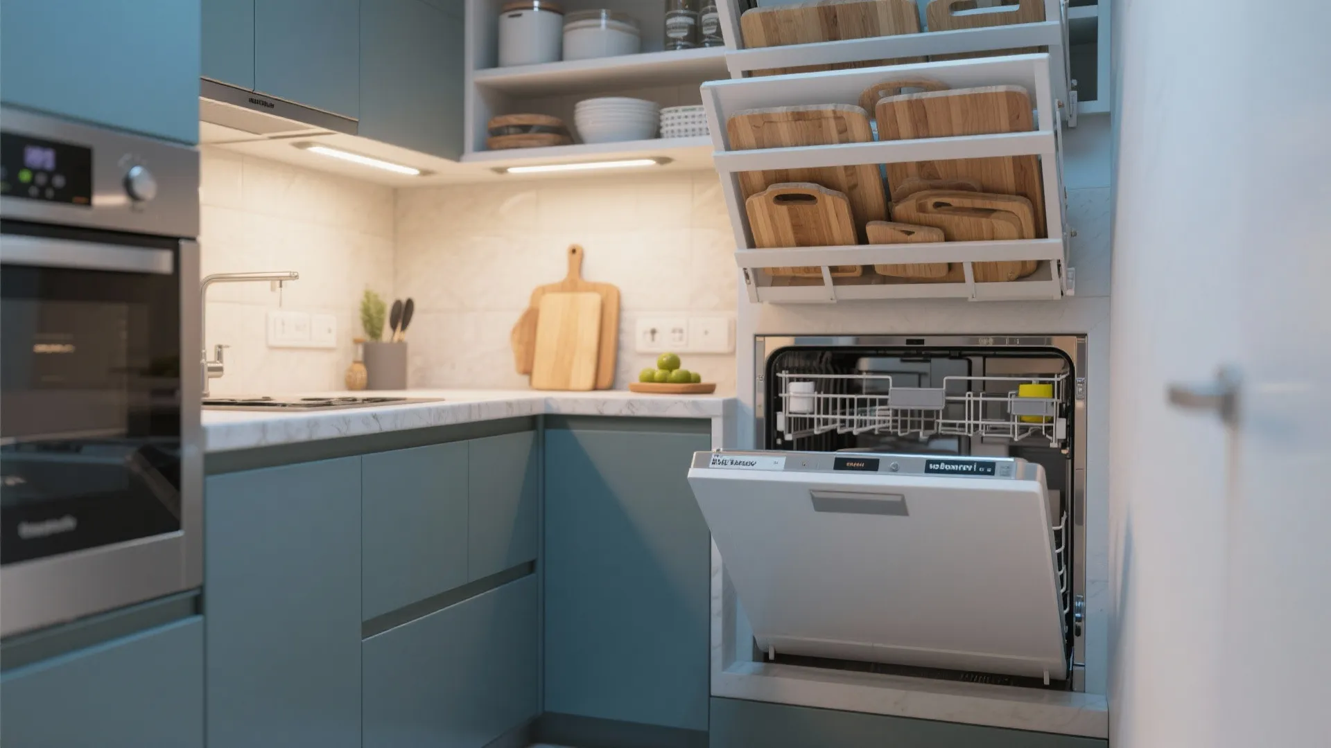 Modern blue kitchen cabinets featuring built-in dishwasher open wooden cutting boards and marble countertop design