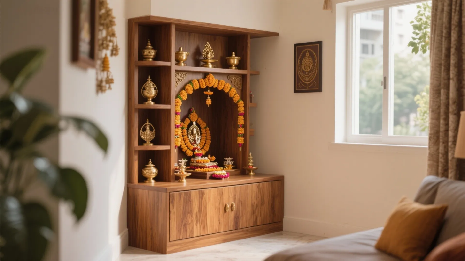 Modern wooden cabinet placed in a living room corner used as a small prayer area