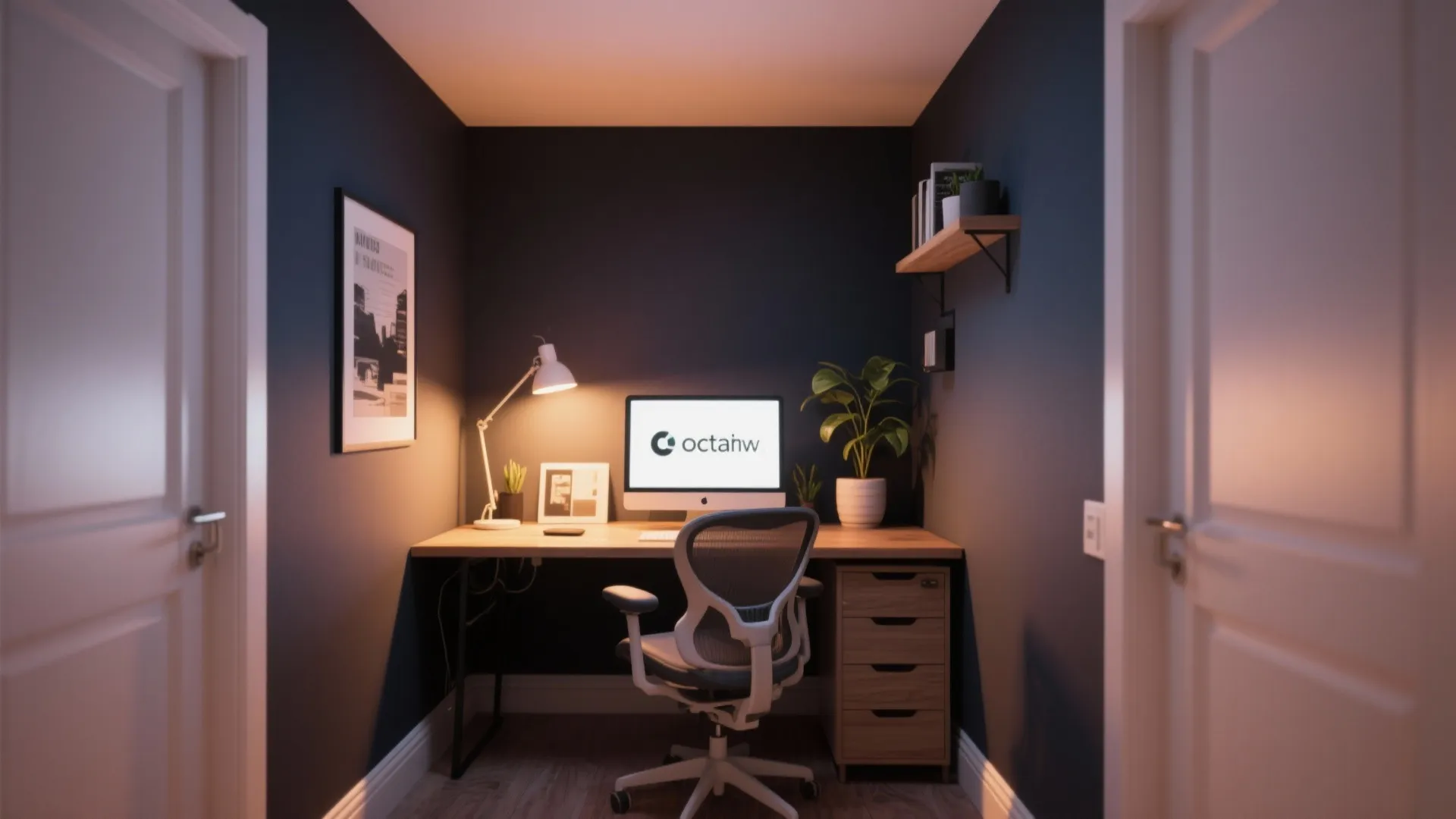 Small home office nook with dark walls wooden desk computer chair table lamp and wall shelves