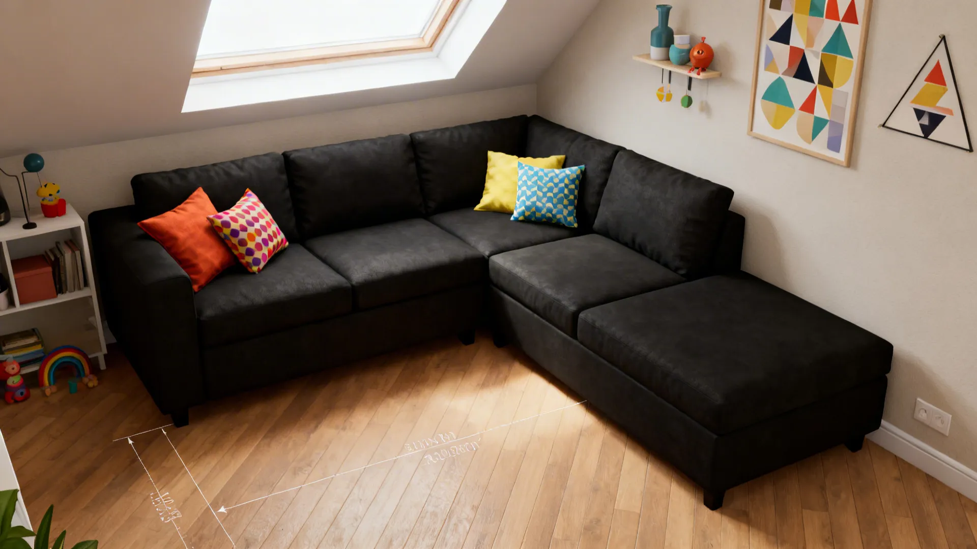 Compact black sectional placed in a corner with light walls and clear circulation path